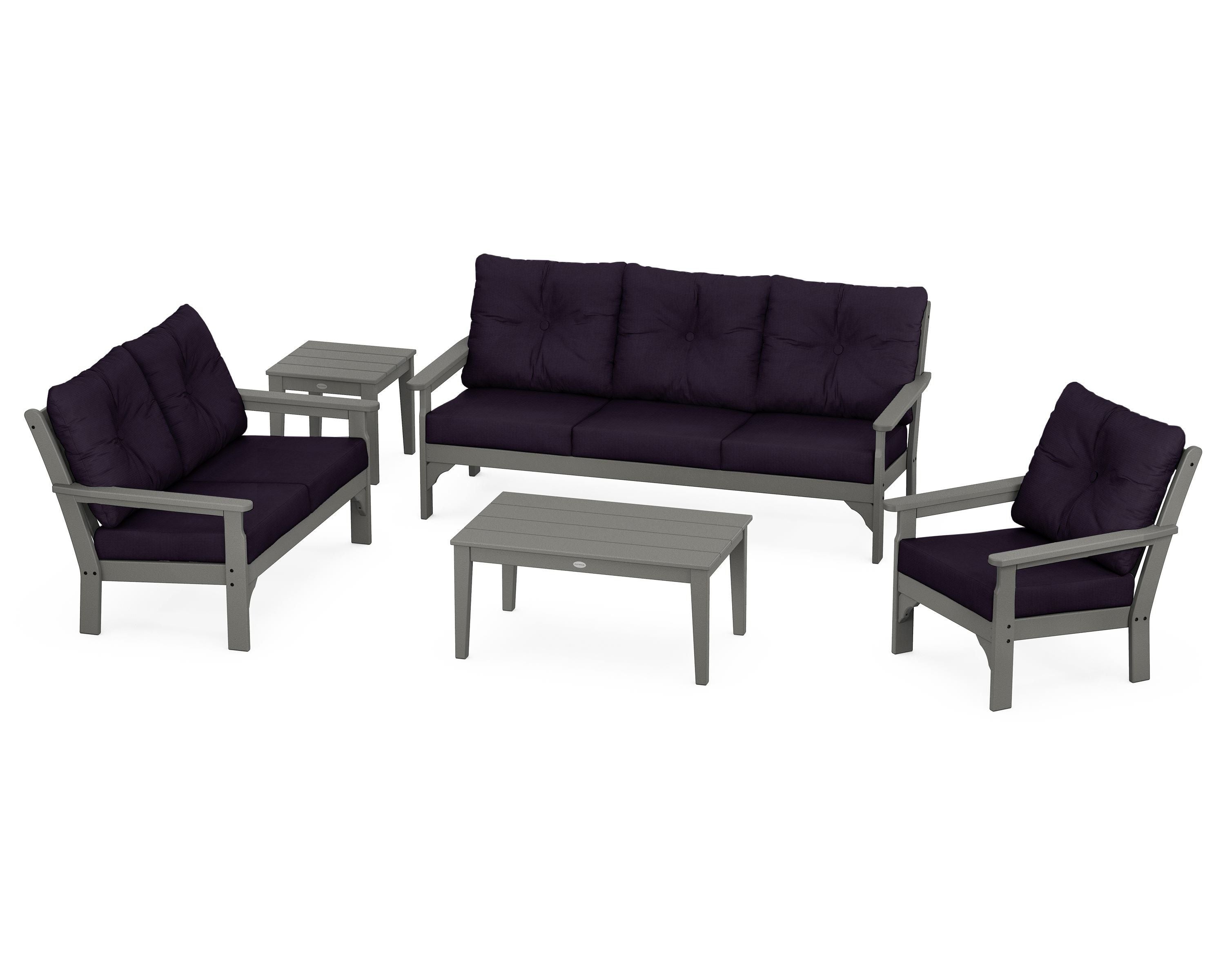 POLYWOOD® Vineyard 5 Piece Deep Seating Set in Slate Grey / Navy Linen