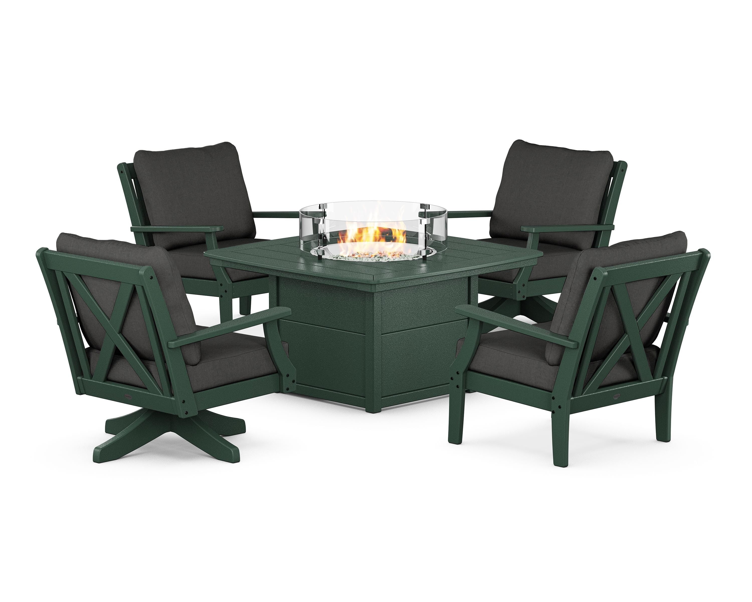 POLYWOOD® Braxton 5-Piece Deep Seating Set with Fire Table in Green / Spectrum Carbon