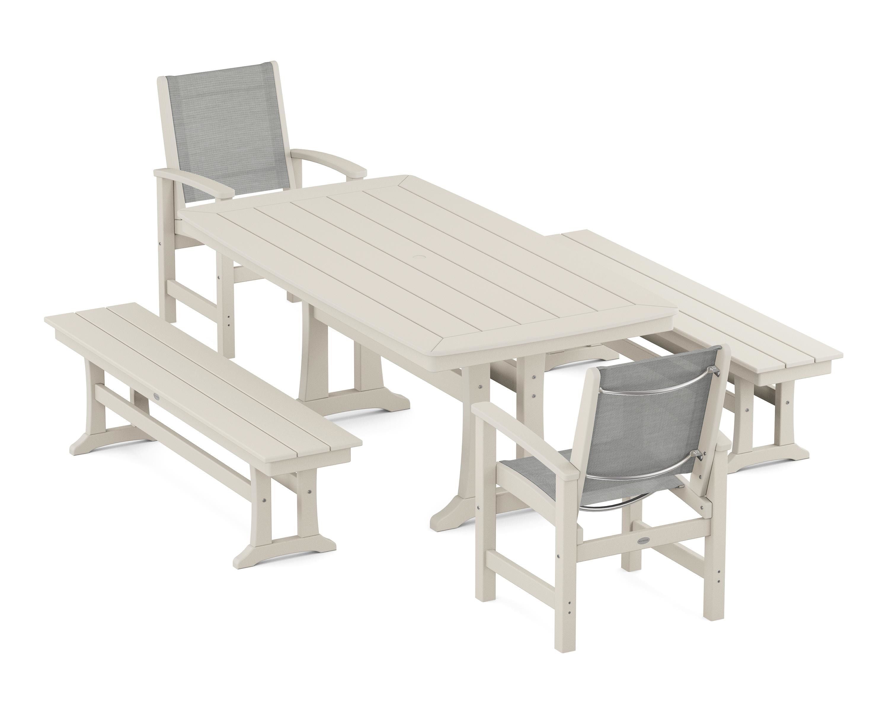 POLYWOOD® Coastal 5-Piece Dining Set with Trestle Legs and Benches in Sand / Metallic Sling