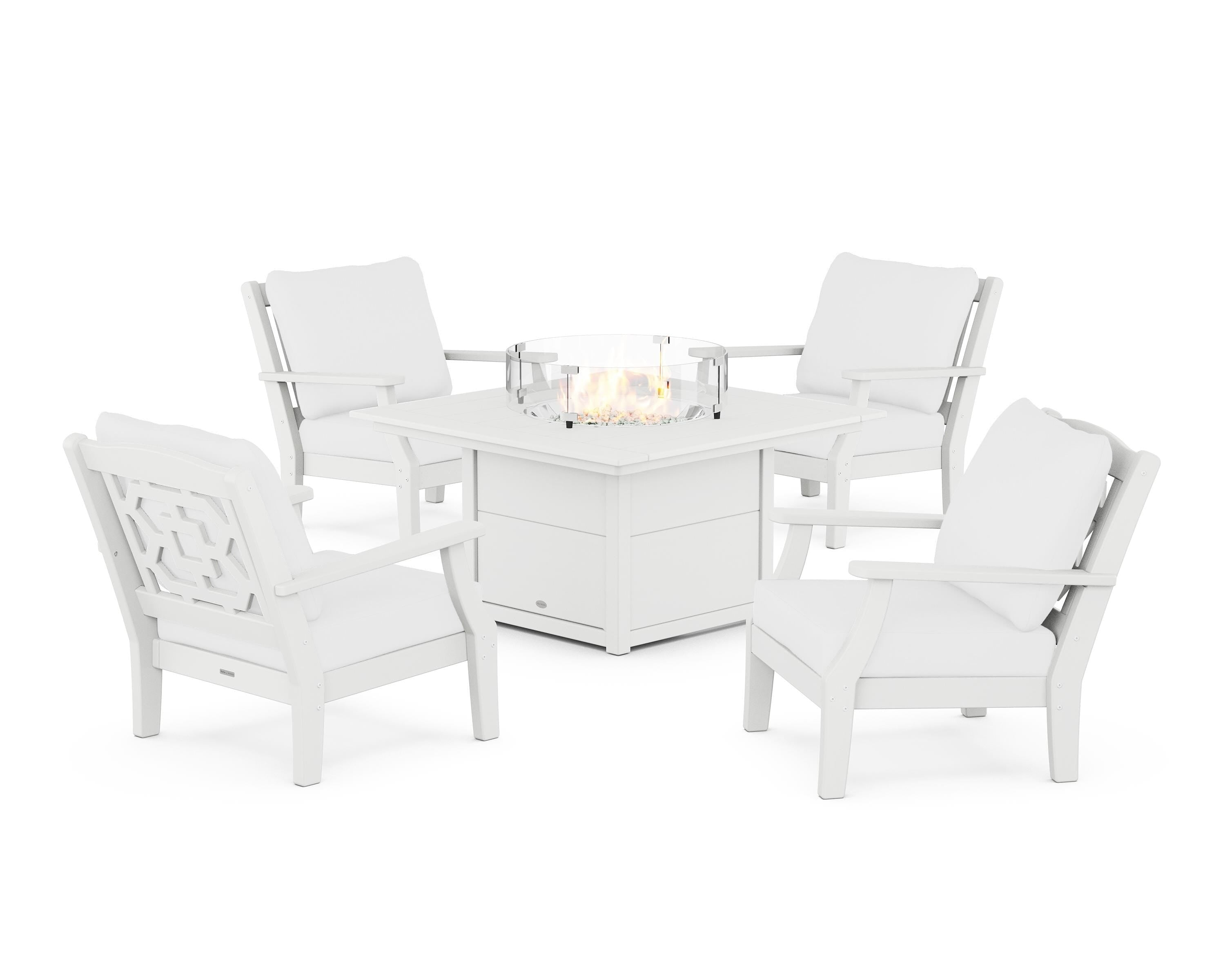 Martha Stewart by POLYWOOD® Chinoiserie 5-Piece Deep Seating Set with Fire Pit Table in White / Natural