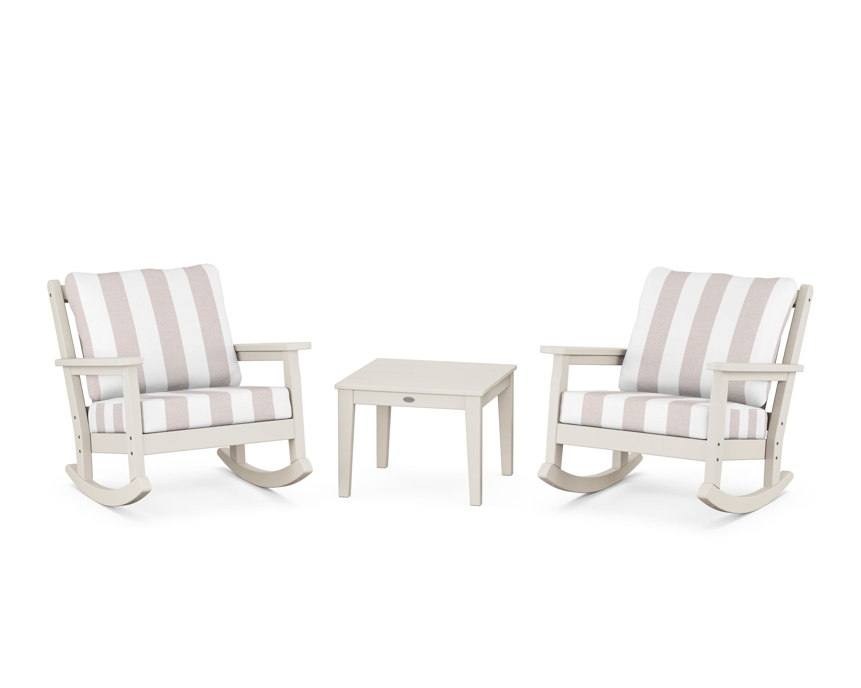 POLYWOOD® Chippendale 3-Piece Deep Seating Rocker Set in Sand / Cabana Stripe Dune Burlap