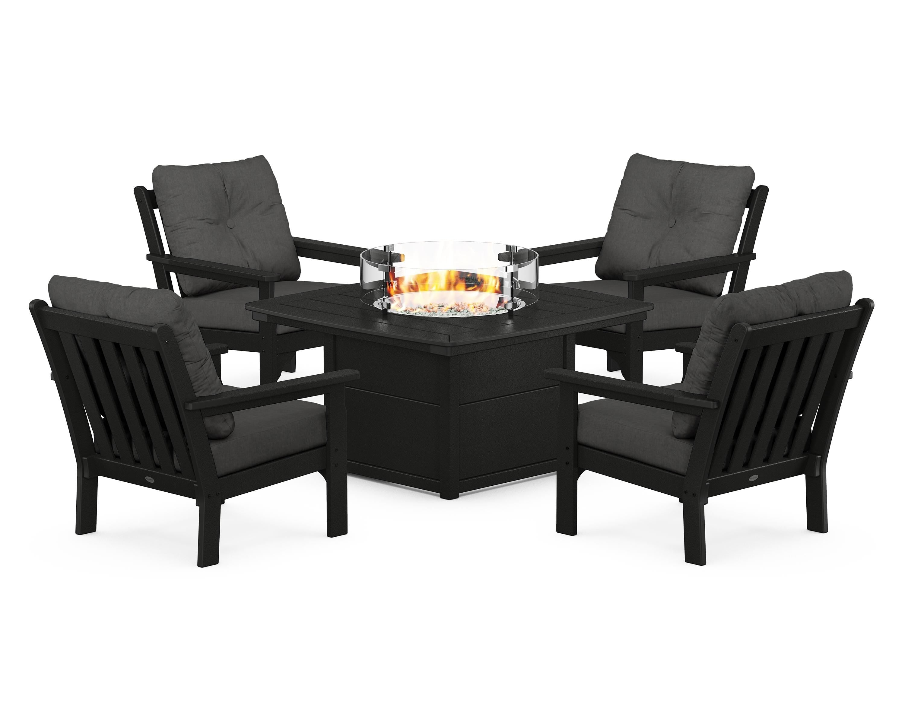 POLYWOOD® Vineyard 5-Piece Conversation Set with Fire Pit Table in Black / Spectrum Carbon
