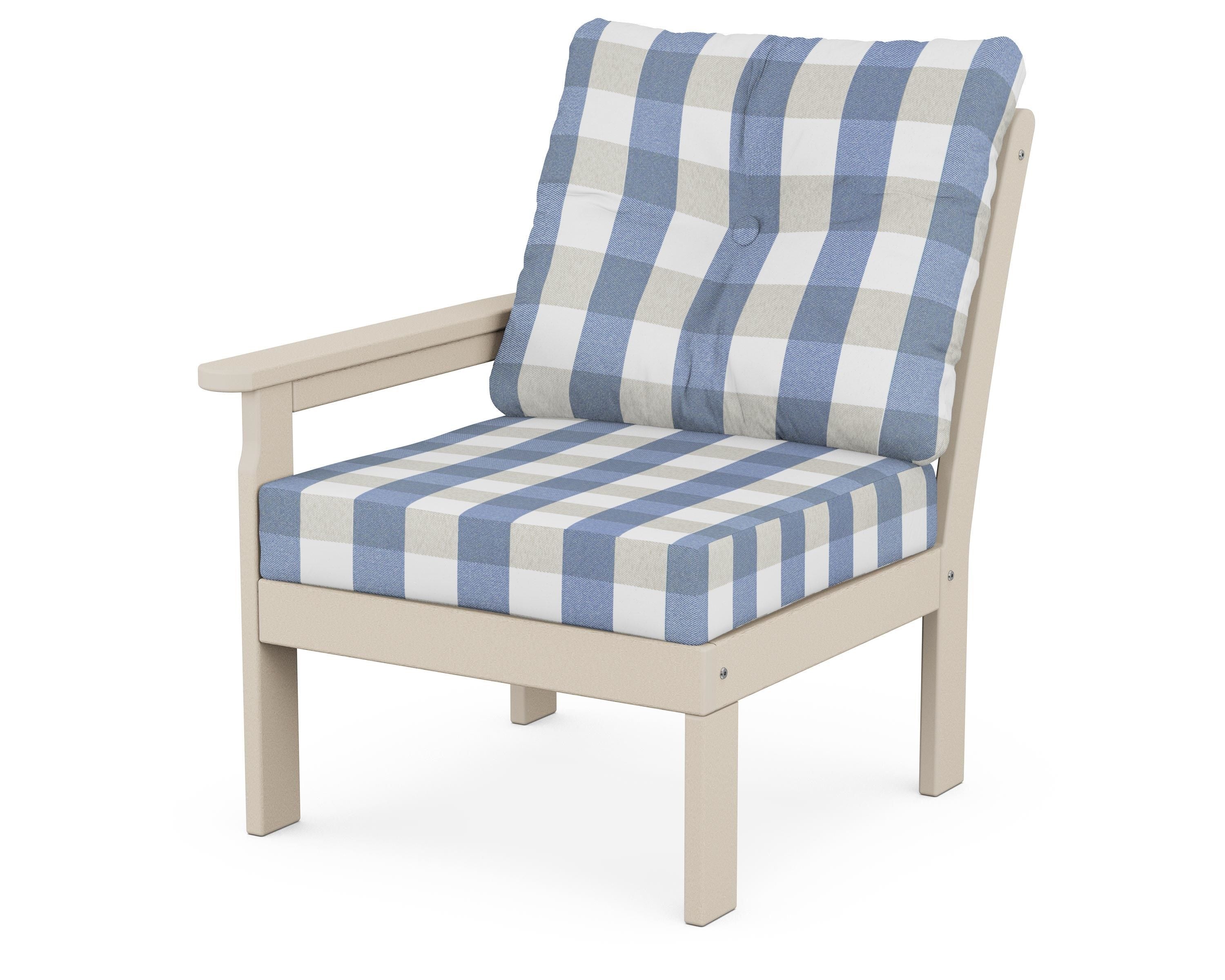 POLYWOOD® Vineyard Modular Left Arm Chair in Sand / Buffalo Plaid Sky Blue