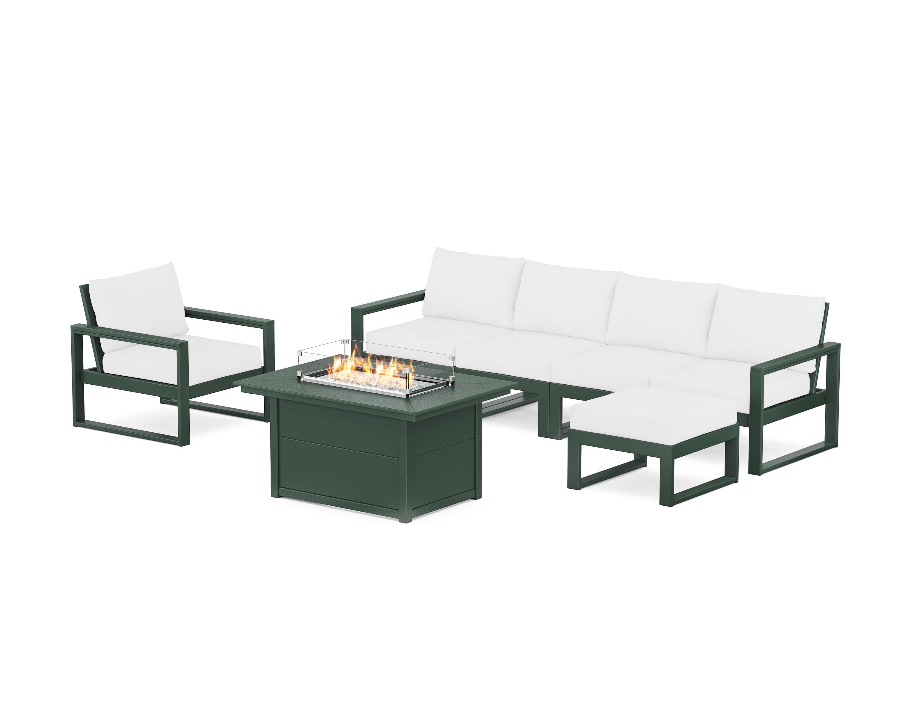 POLYWOOD® EDGE Sectional Lounge and Fire Pit Set in Green / Natural