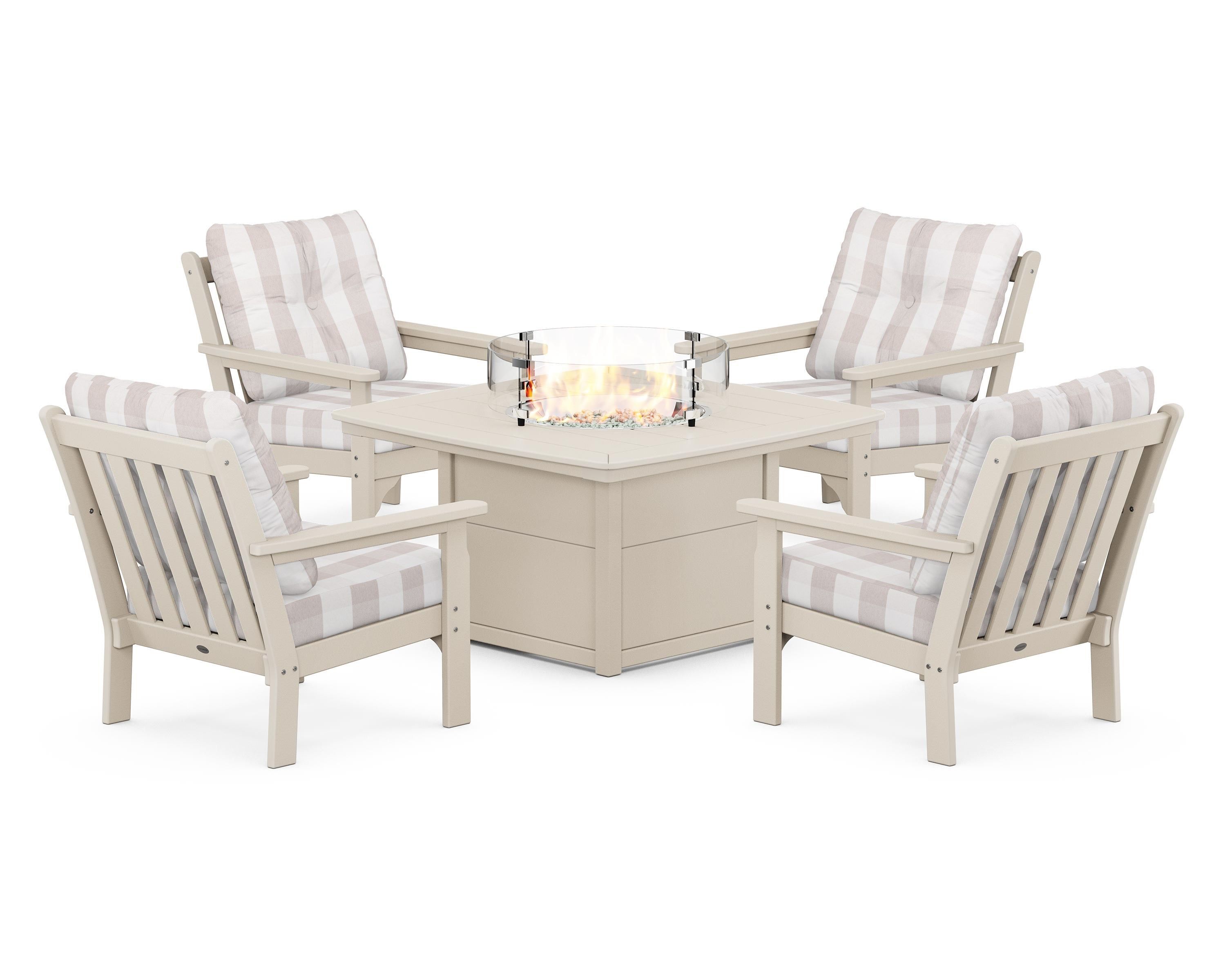 POLYWOOD® Vineyard 5-Piece Conversation Set with Fire Pit Table in Sand / Buffalo Plaid Dune Burlap