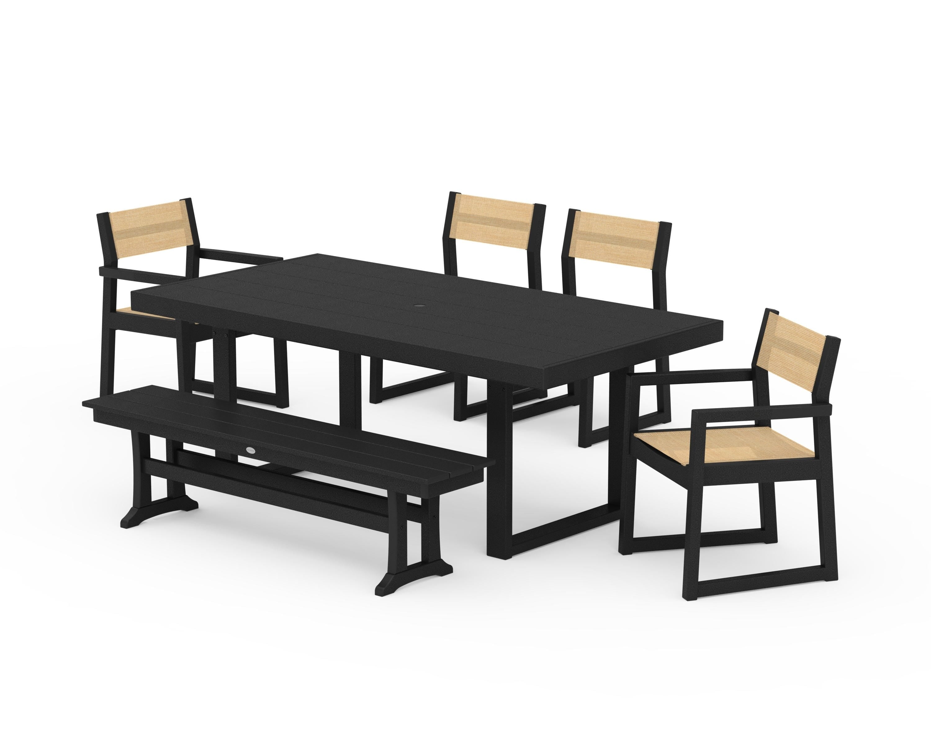 POLYWOOD® EDGE Sling 6-Piece Dining Set with Bench in Black / Dupioni Apricot Sling