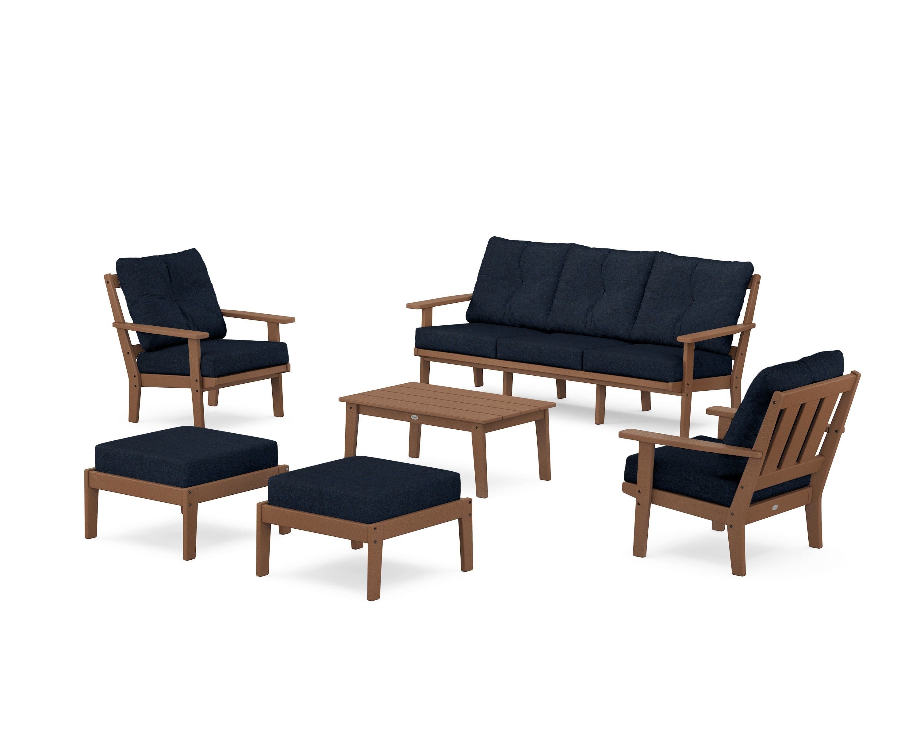 POLYWOOD® Oxford 6-Piece Lounge Sofa Set in Teak / Marine Indigo