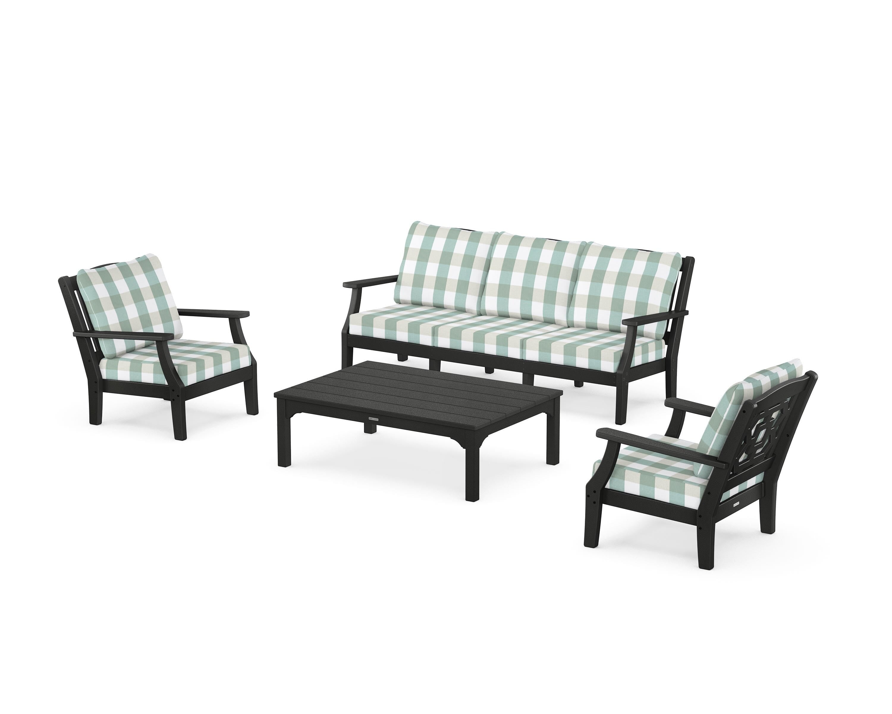 Martha Stewart by POLYWOOD® Chinoiserie 4-Piece Deep Seating Set with Sofa in Black / Buffalo Plaid Glacier Spa