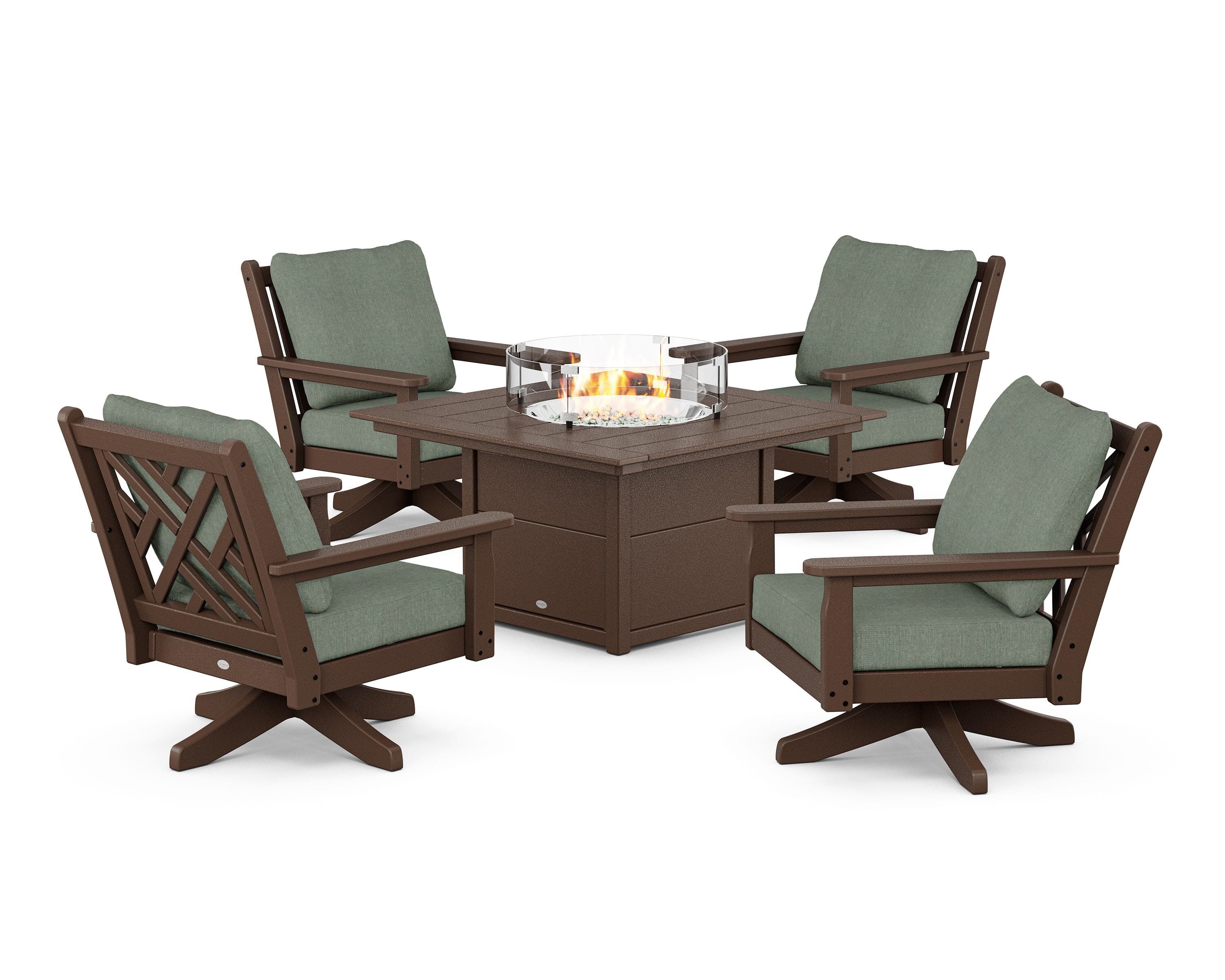 POLYWOOD® Chippendale 5-Piece Deep Seating Swivel Conversation Set with Fire Pit Table in Mahogany / Cast Sage