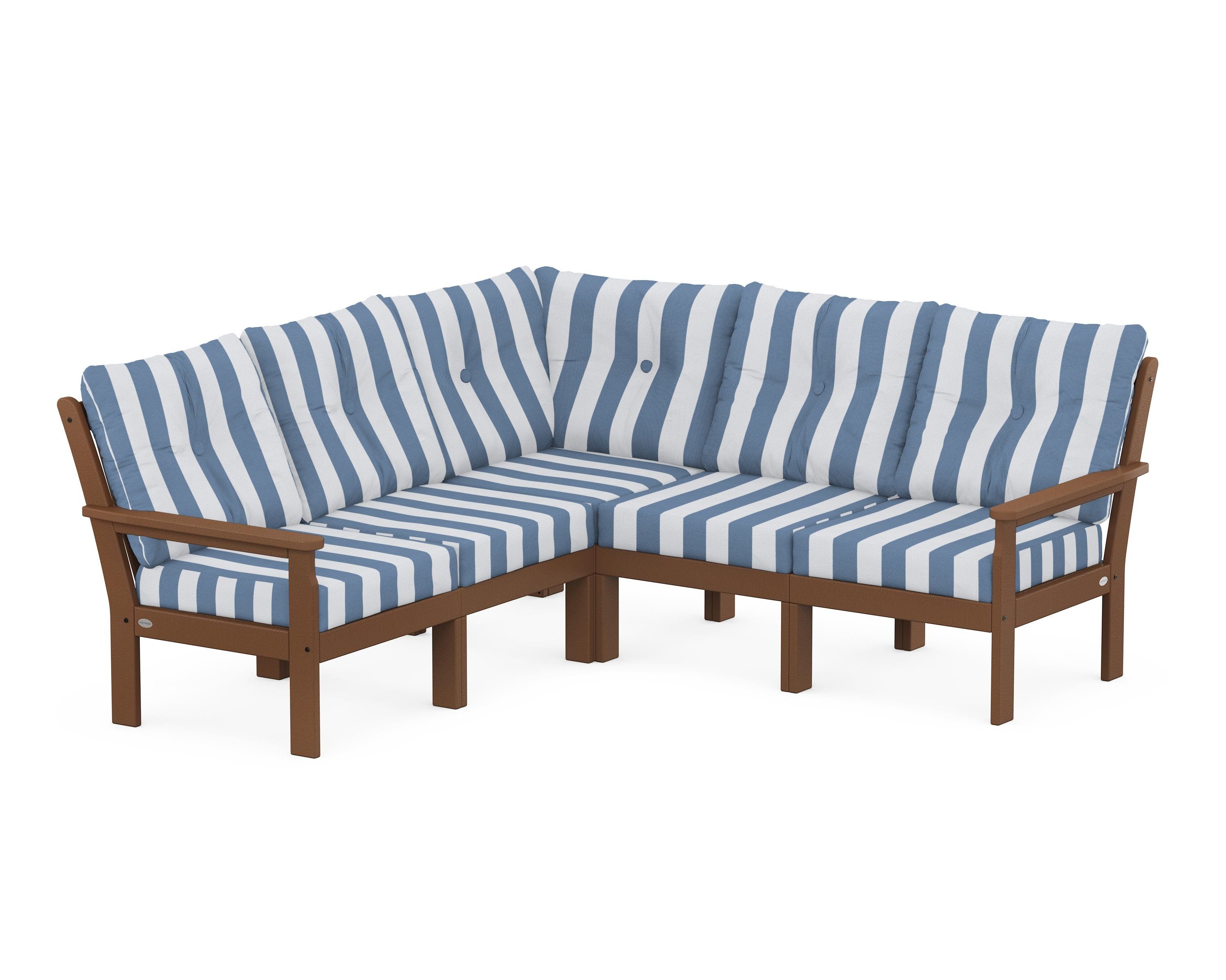 POLYWOOD® Vineyard 5-Piece Sectional in Teak / Cabana Stripe Sky Blue