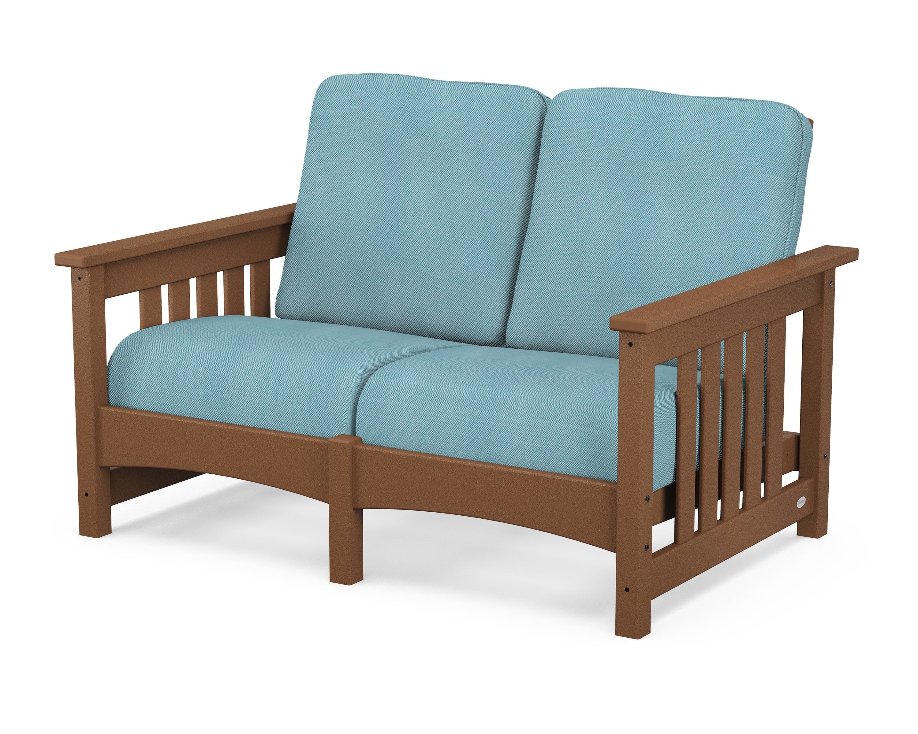 POLYWOOD® Club Mission Loveseat in Teak / Lattice Sky Blue