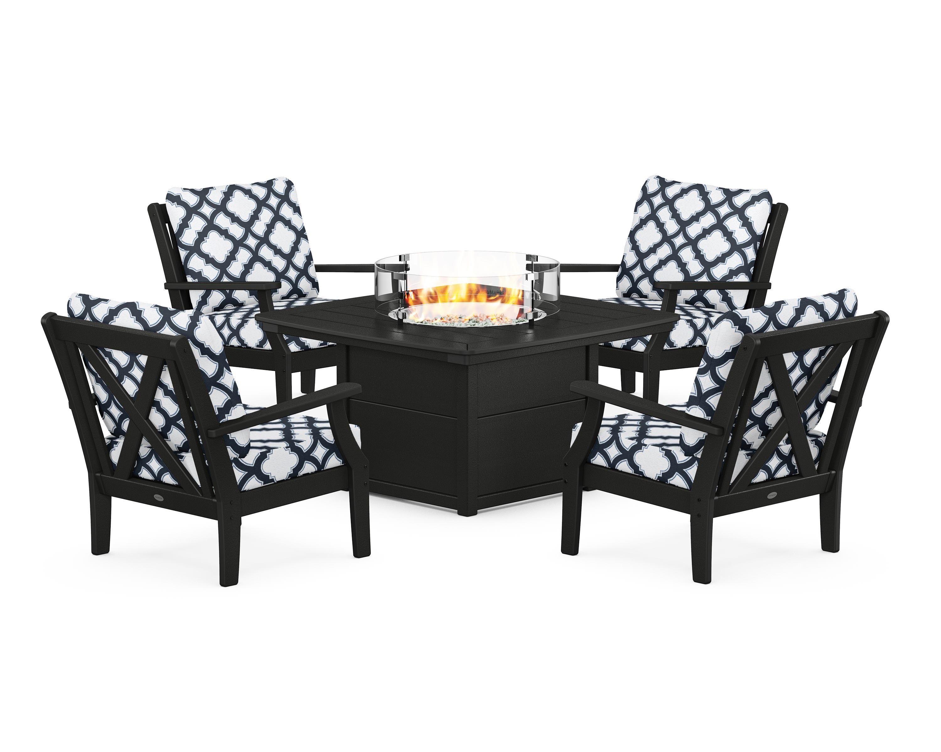 POLYWOOD® Braxton 5-Piece Deep Seating Conversation Set with Fire Pit Table in Black / Trellis Marine Indigo