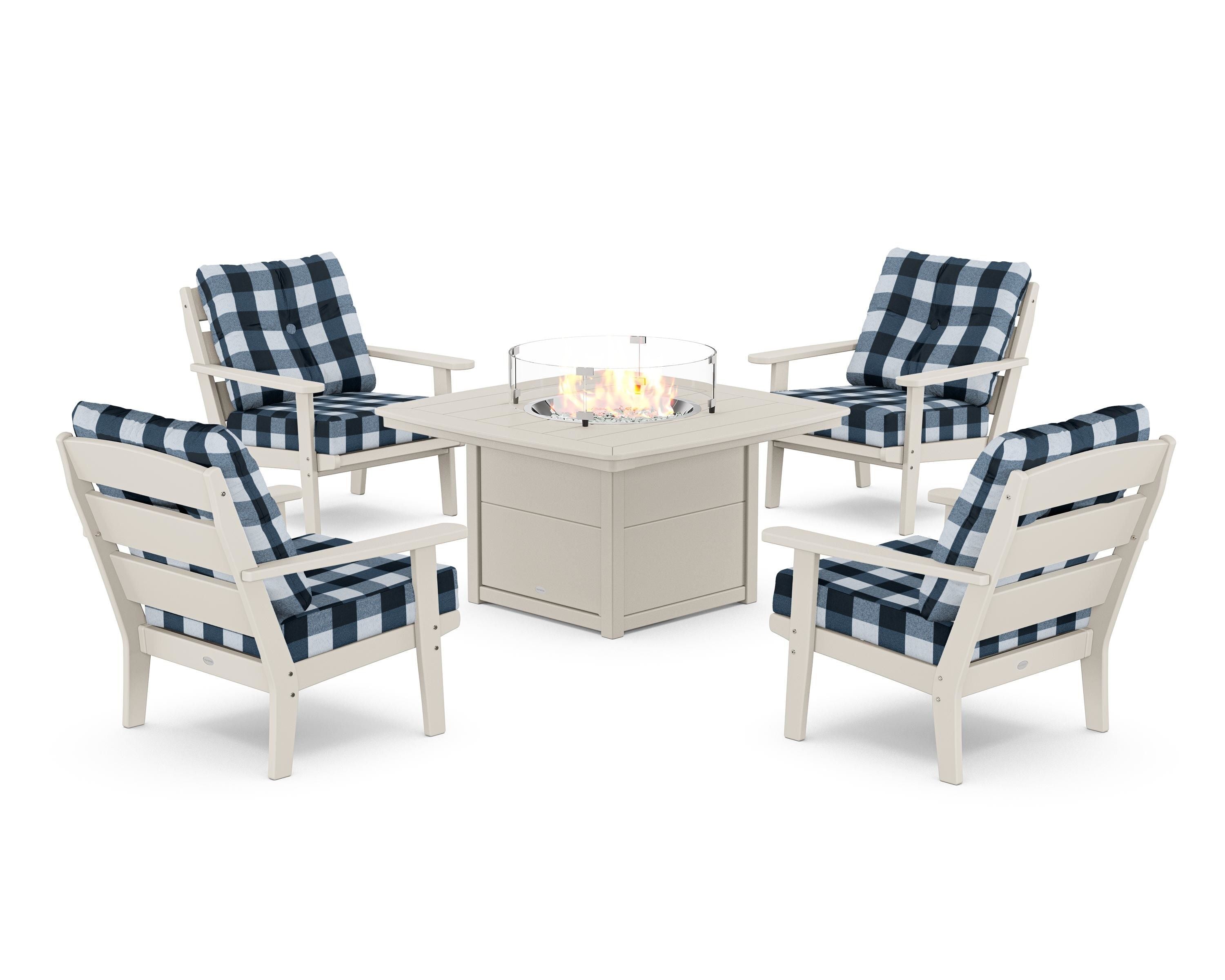 POLYWOOD® Lakeside 5-Piece Deep Seating Set with Nautical Fire Pit Table in Sand / Buffalo Plaid Marine Indigo