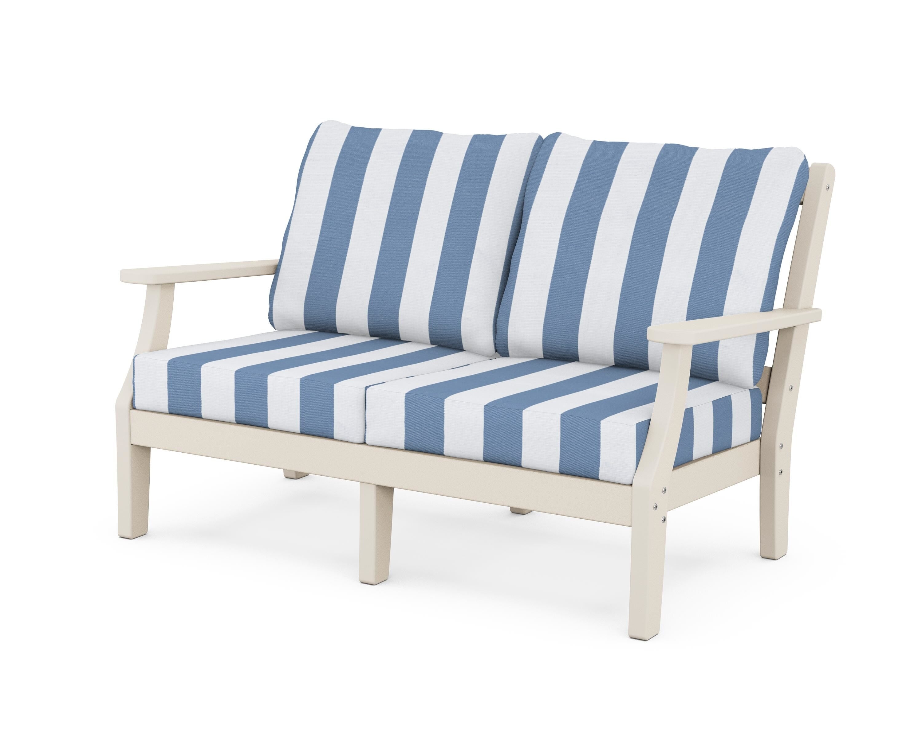 Martha Stewart by POLYWOOD® Chinoiserie Deep Seating Loveseat in Sand / Cabana Stripe Sky Blue