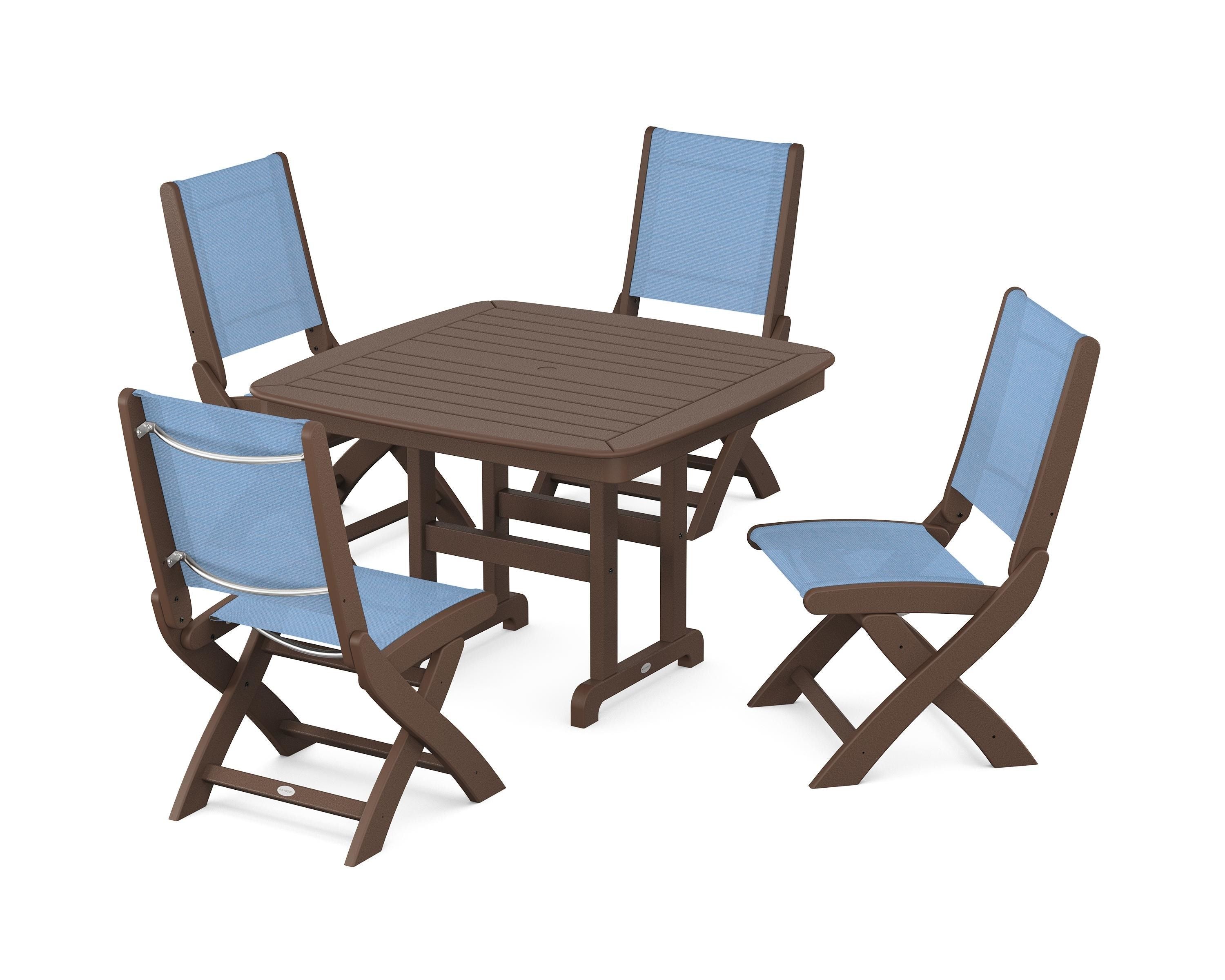 POLYWOOD® Coastal Folding Side Chair 5-Piece Dining Set in Mahogany / Poolside Sling