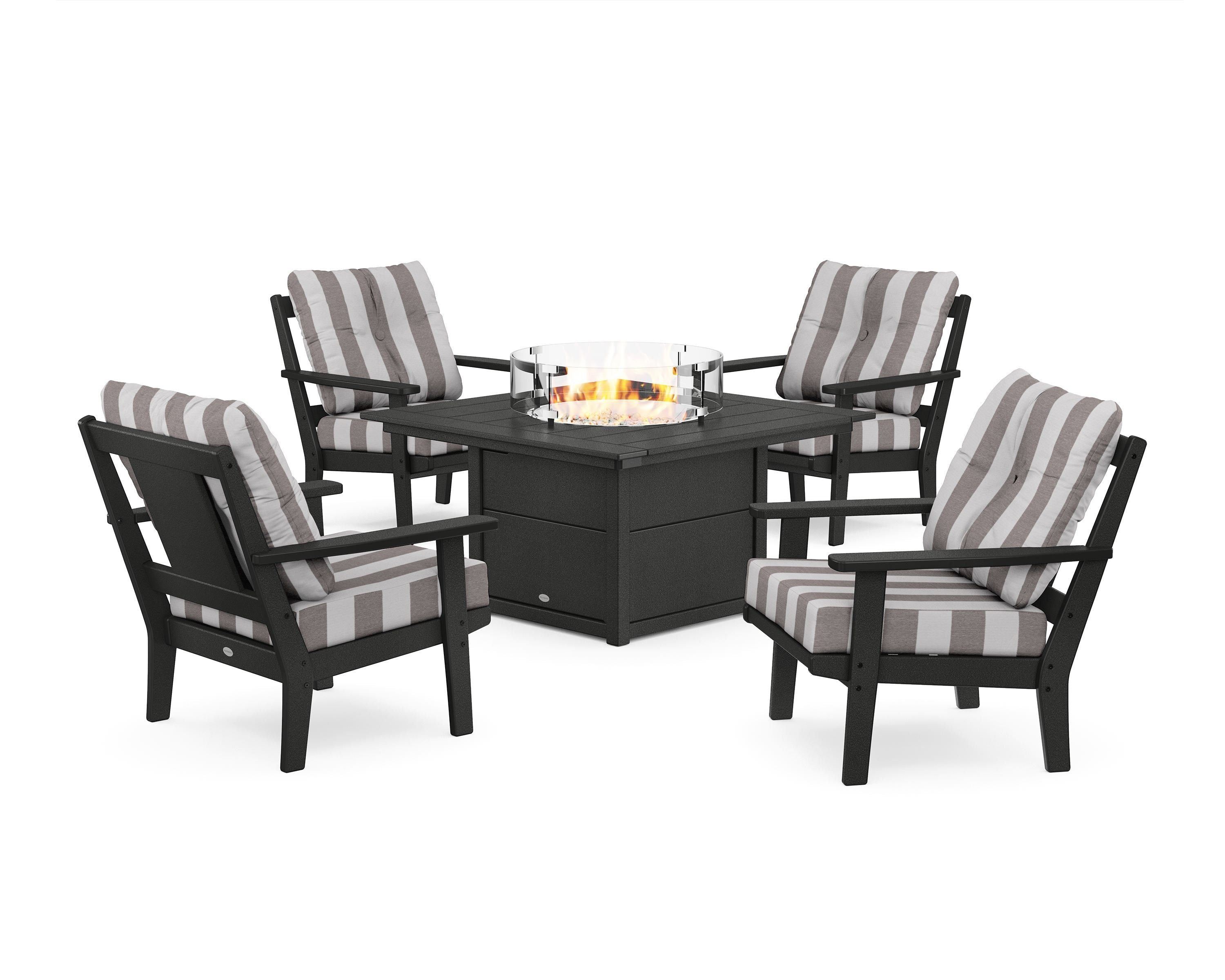 POLYWOOD® Prairie 5-Piece Deep Seating Set with Fire Pit Table in Black / Cabana Stripe Grey Mist