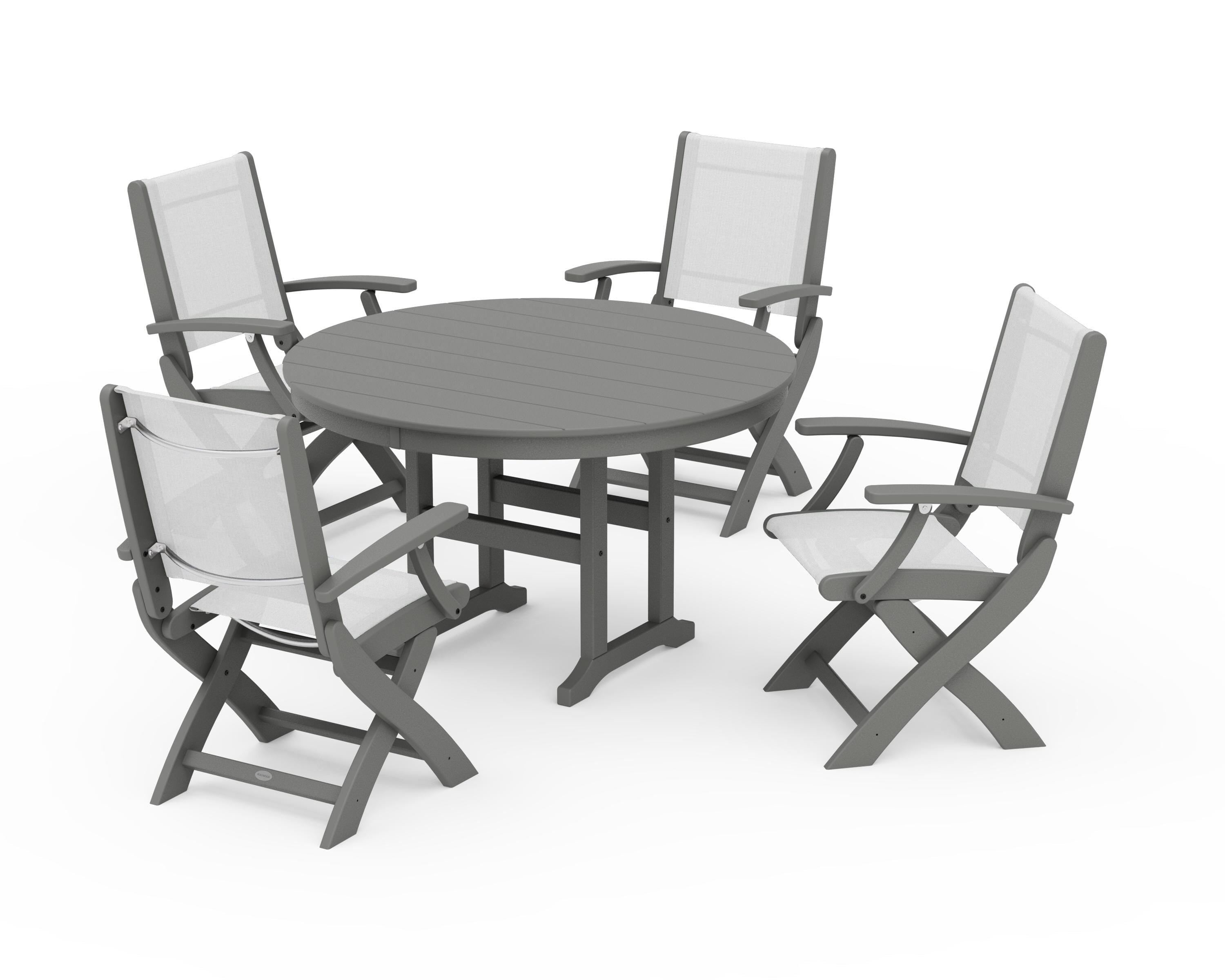 POLYWOOD® Coastal Folding Chair 5-Piece Round Dining Set in Slate Grey / White Sling