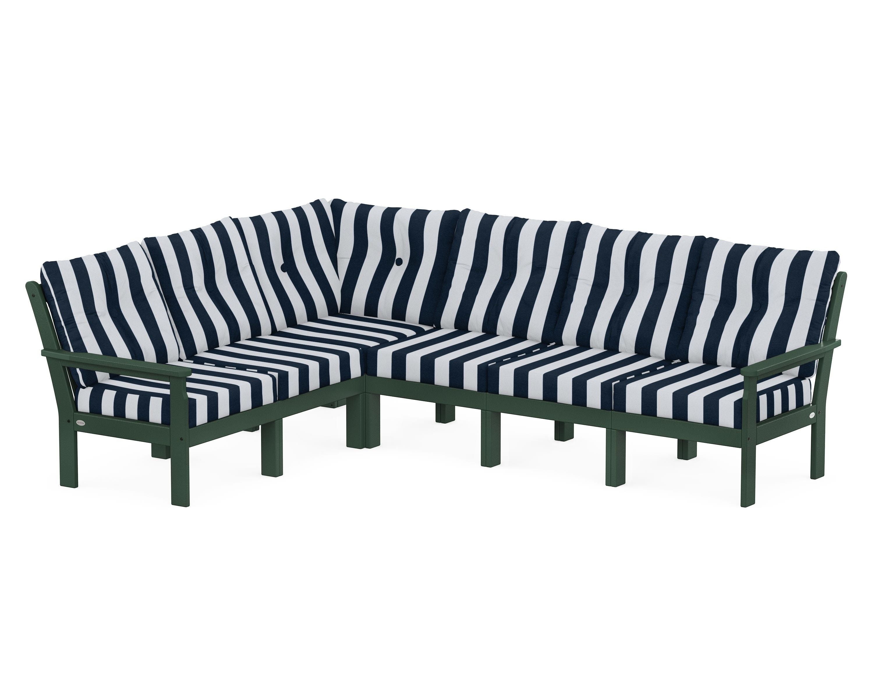 POLYWOOD® Vineyard 6-Piece Sectional in Green / Cabana Stripe Marine Indigo