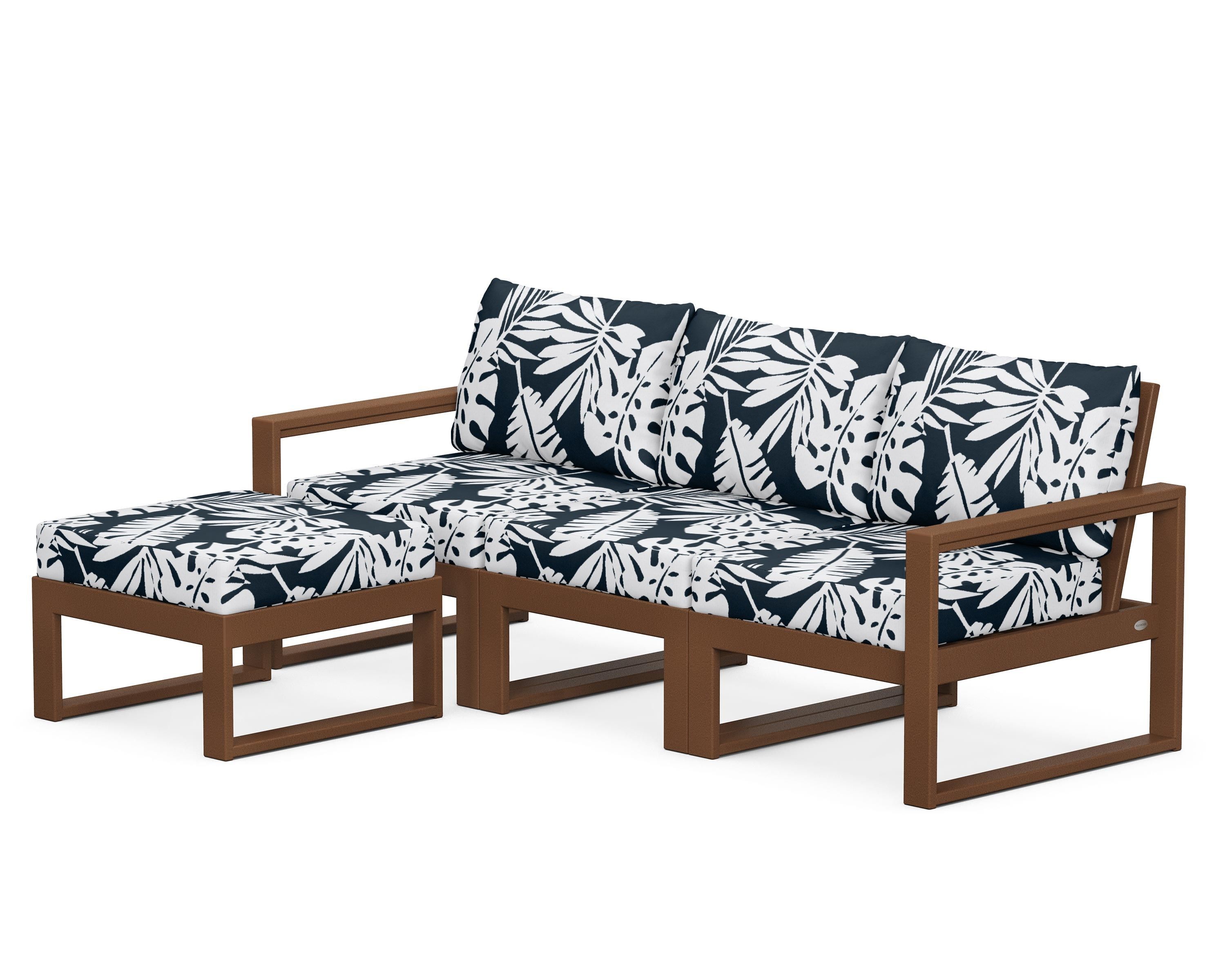 POLYWOOD® EDGE 4-Piece Modular Deep Seating Set with Ottoman in Teak / Leaf Marine Indigo