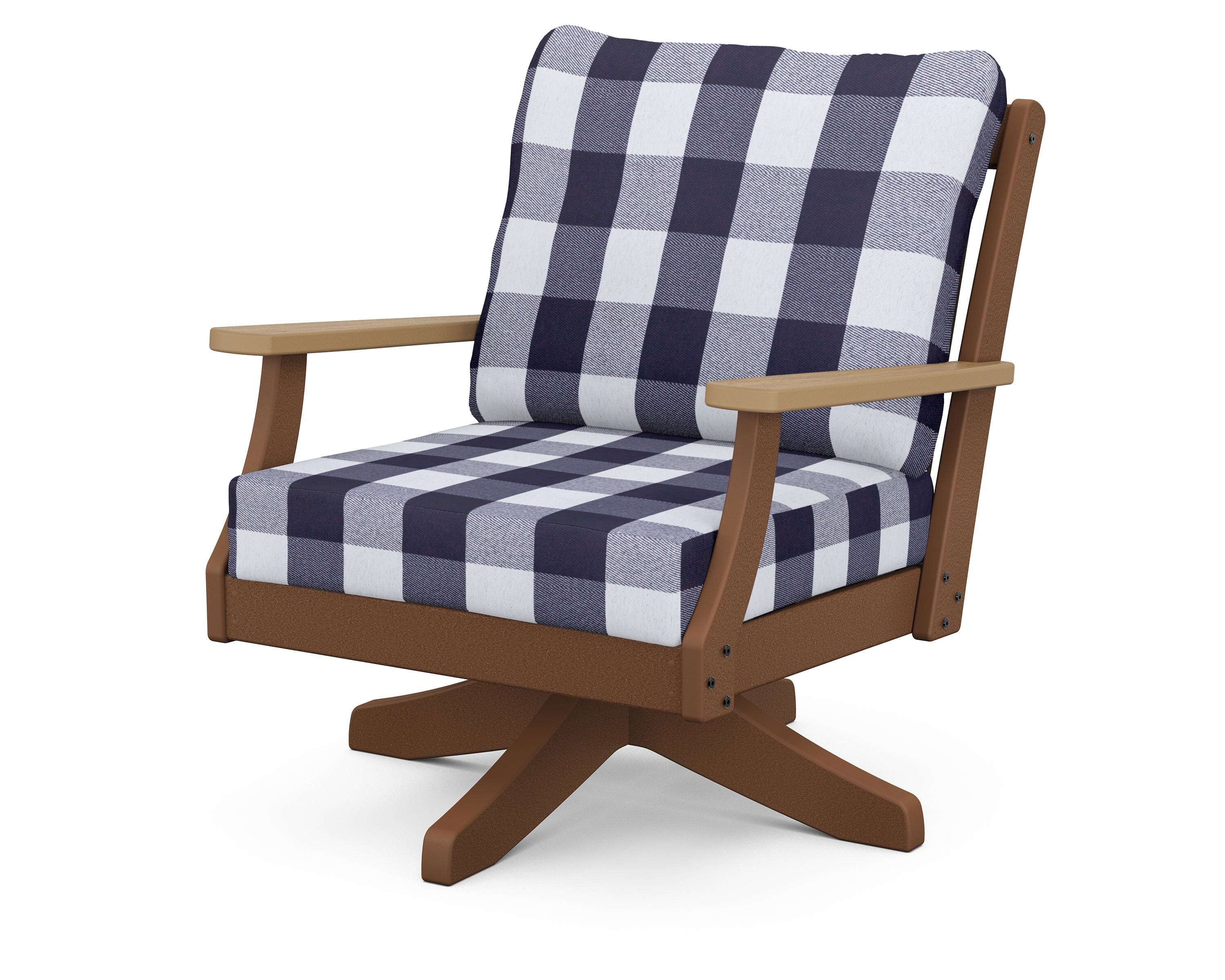 POLYWOOD® Braxton Deep Seating Swivel Chair in Teak / Natural / Buffalo Plaid Navy