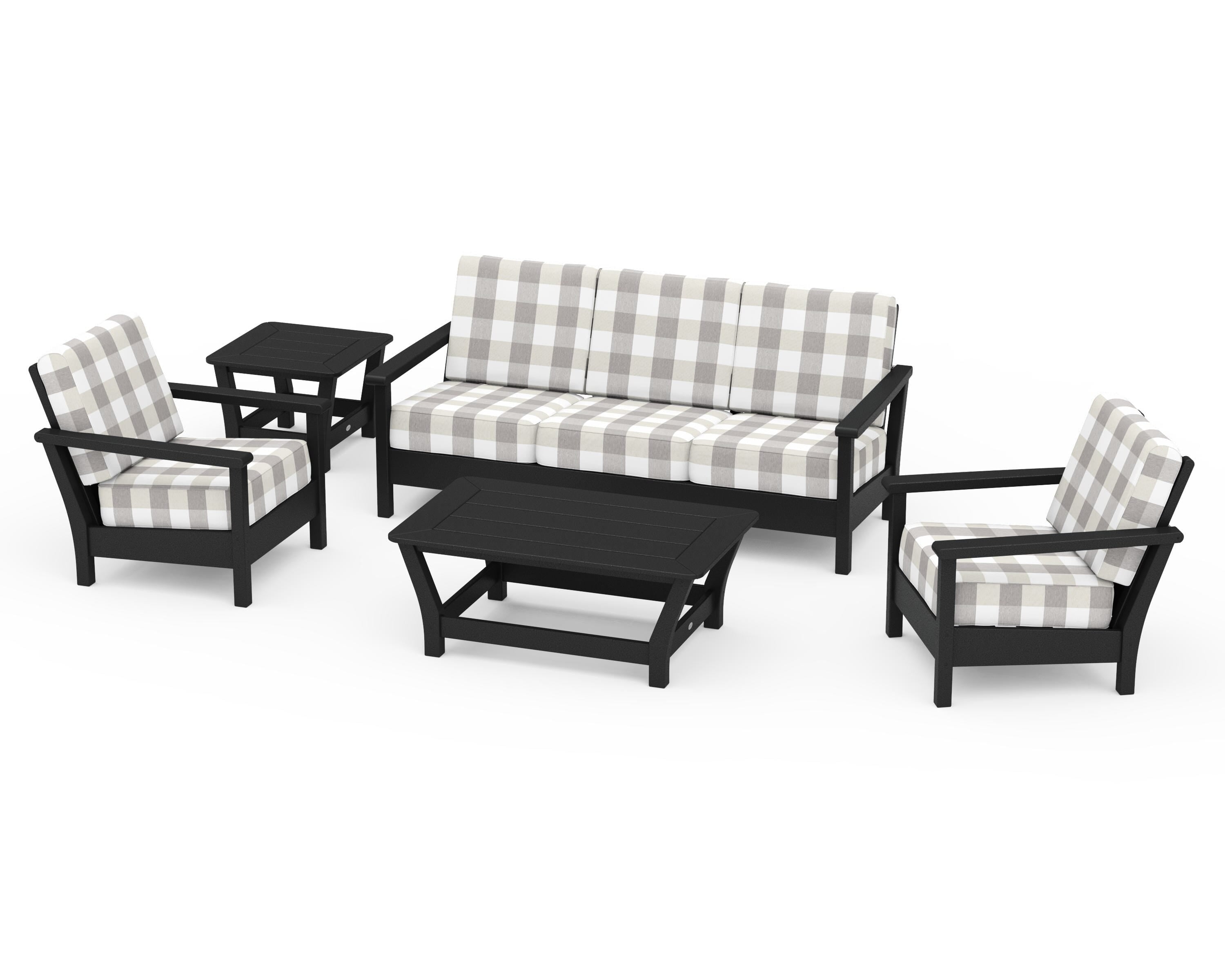 POLYWOOD® Harbour 5-Piece Deep Seating Set in Black / Buffalo Plaid Grey Mist