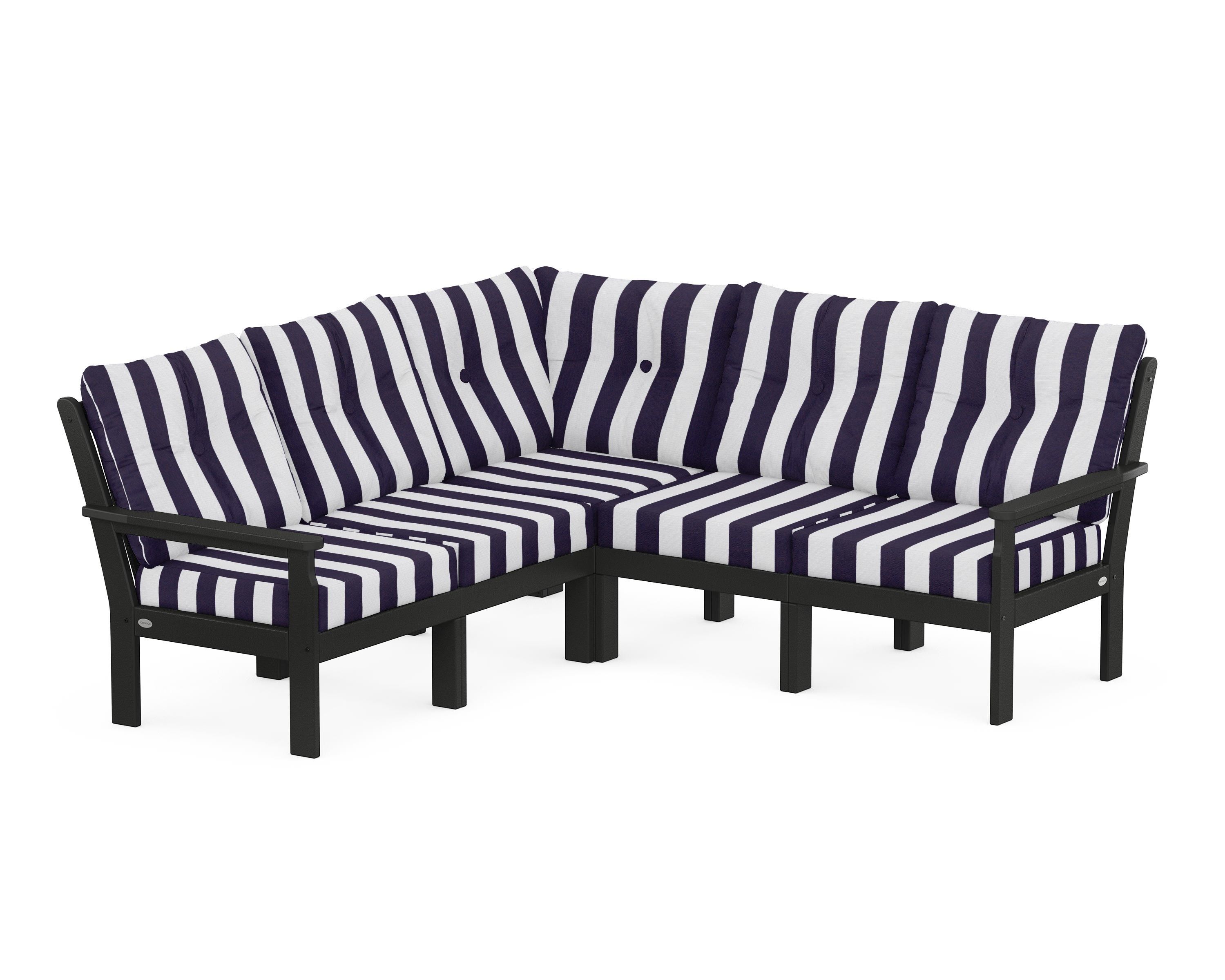 POLYWOOD® Vineyard 5-Piece Sectional in Black / Cabana Stripe Navy