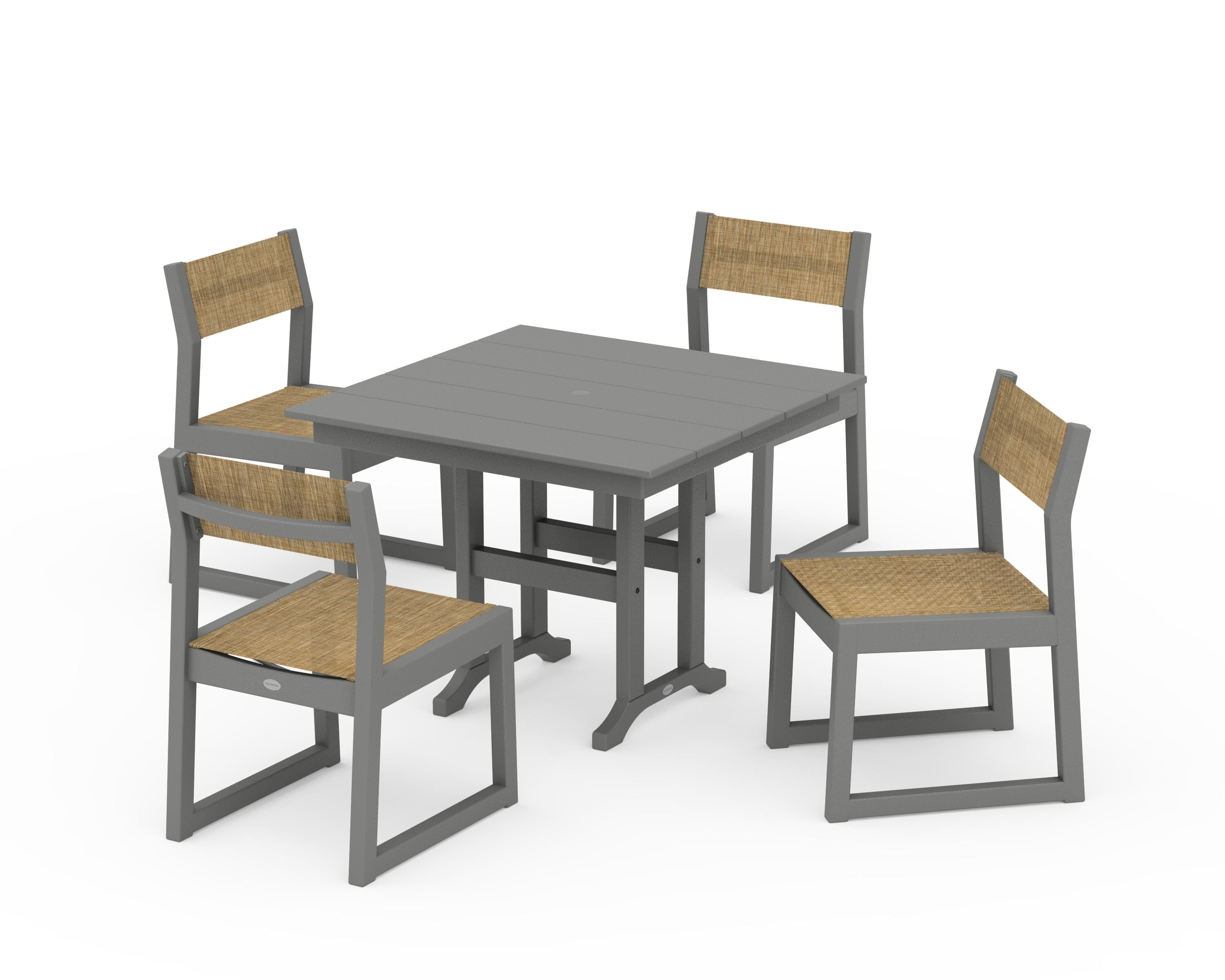 POLYWOOD® EDGE Sling Side Chair 5-Piece Farmhouse Dining Set in Slate Grey / Burlap Sling