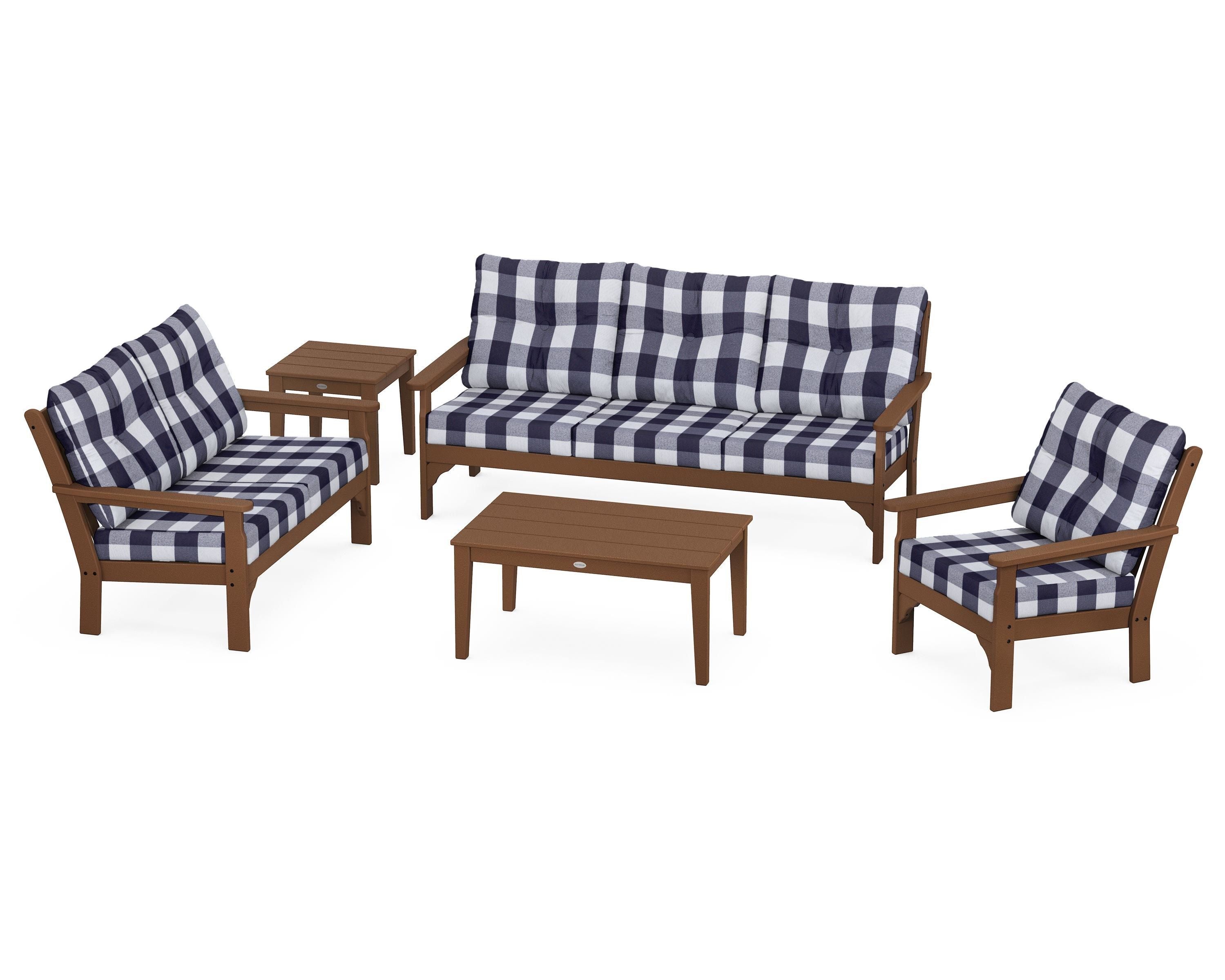 POLYWOOD® Vineyard 5 Piece Deep Seating Set in Teak / Buffalo Plaid Navy