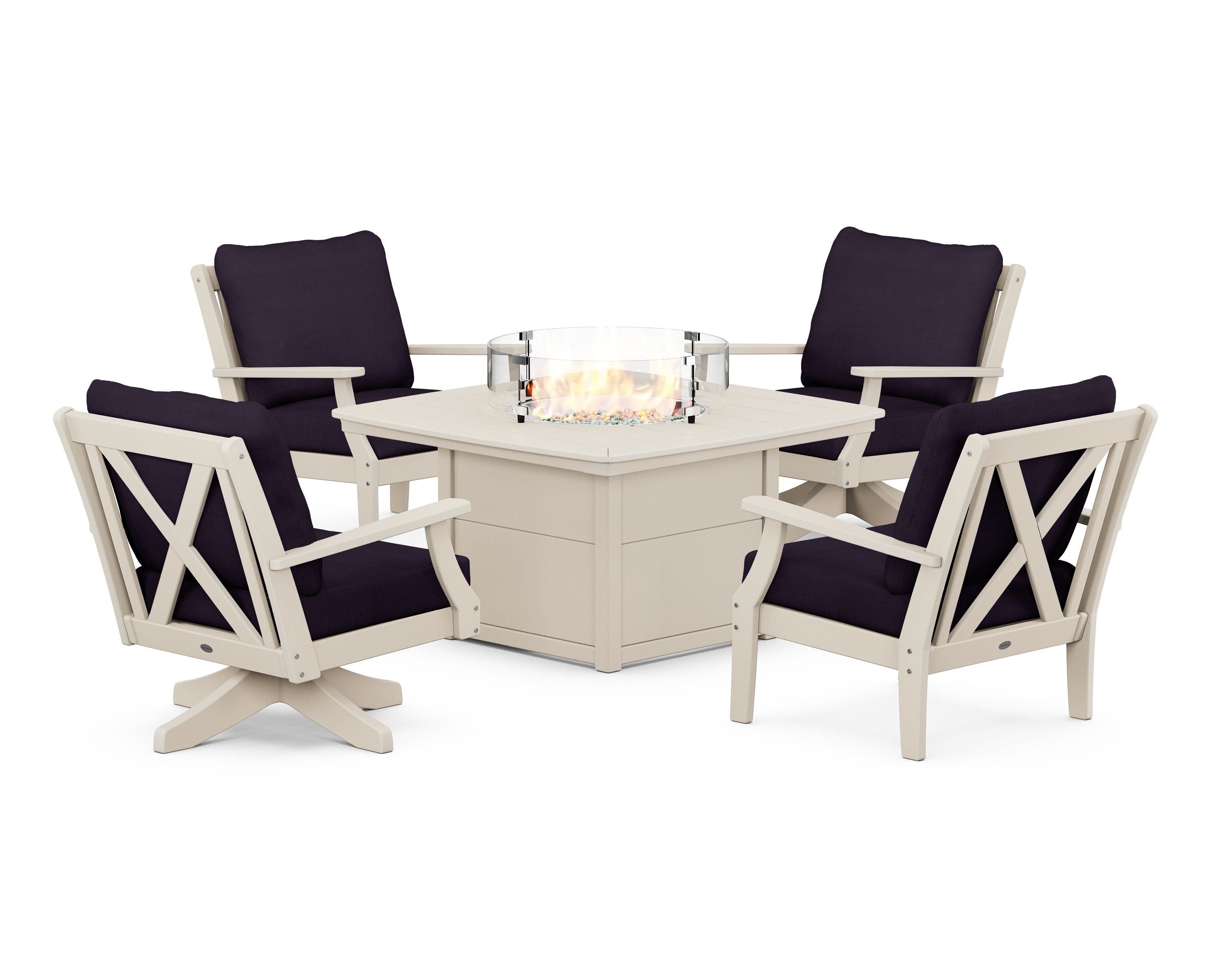 POLYWOOD® Braxton 5-Piece Deep Seating Set with Fire Table in Sand / Navy Linen