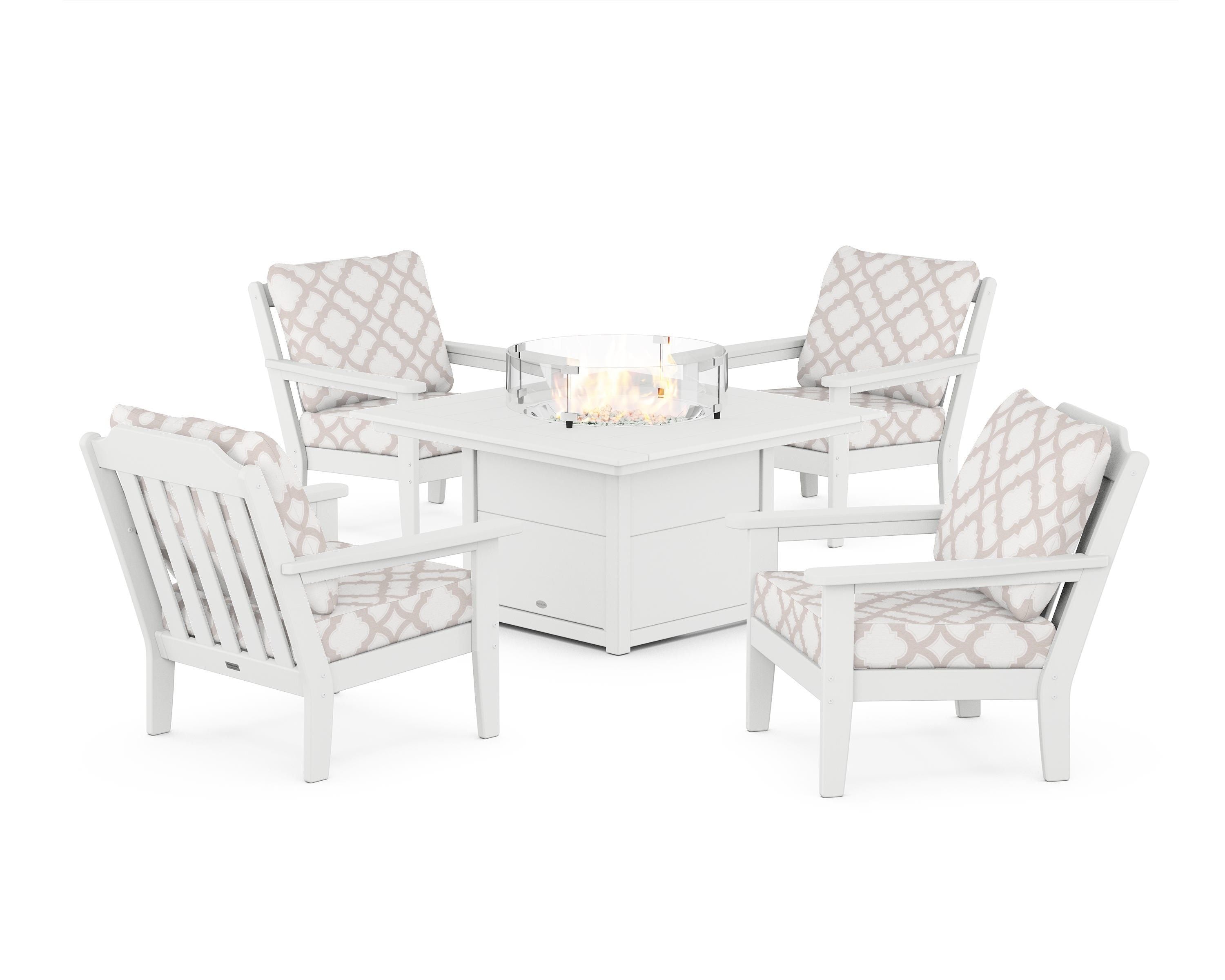 Country Living Cottage 5-Piece Deep Seating Set with Fire Pit Table in White / Trellis Dune Burlap