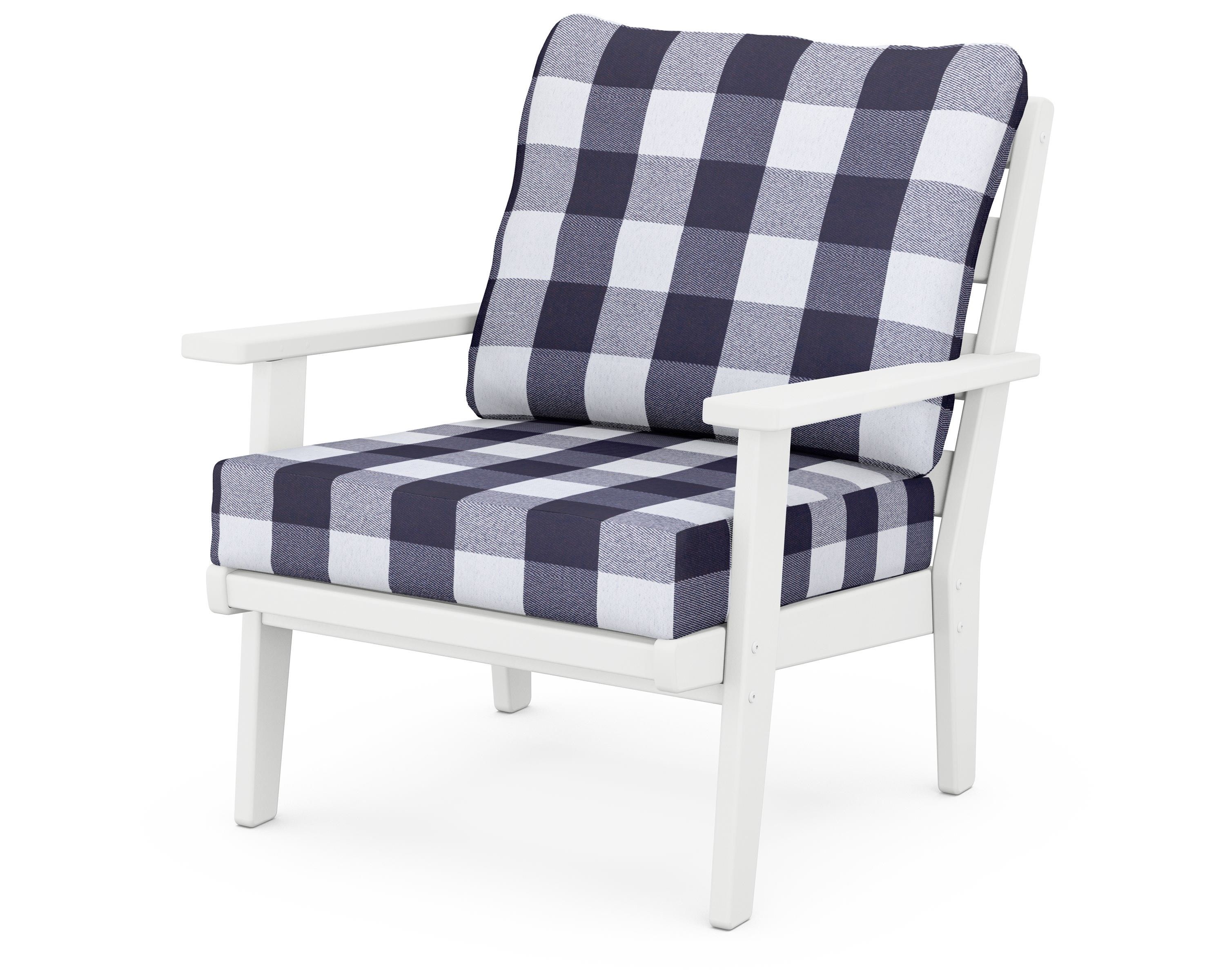 POLYWOOD® Grant Park Deep Seating Chair in White / Buffalo Plaid Navy