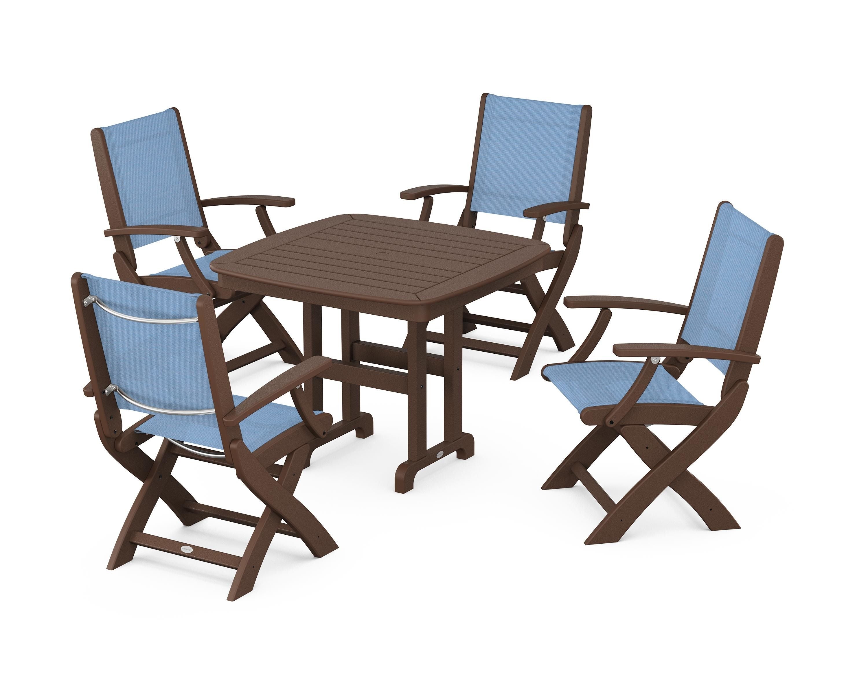 POLYWOOD® Coastal Folding Chair 5-Piece Dining Set in Mahogany / Poolside Sling