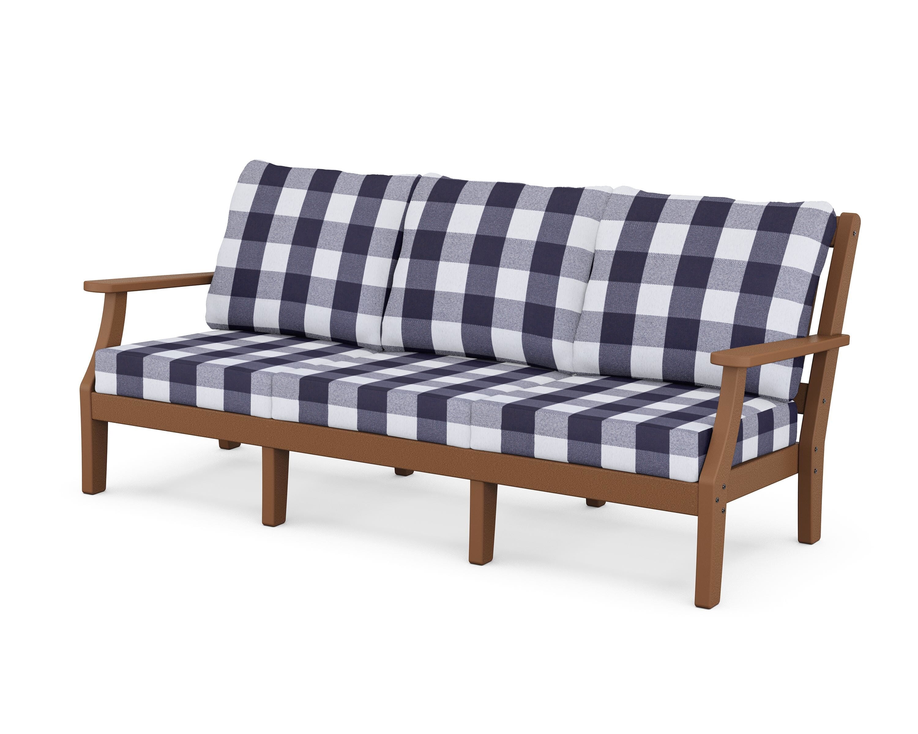 Martha Stewart by POLYWOOD® Chinoiserie Deep Seating Sofa in Teak / Buffalo Plaid Navy