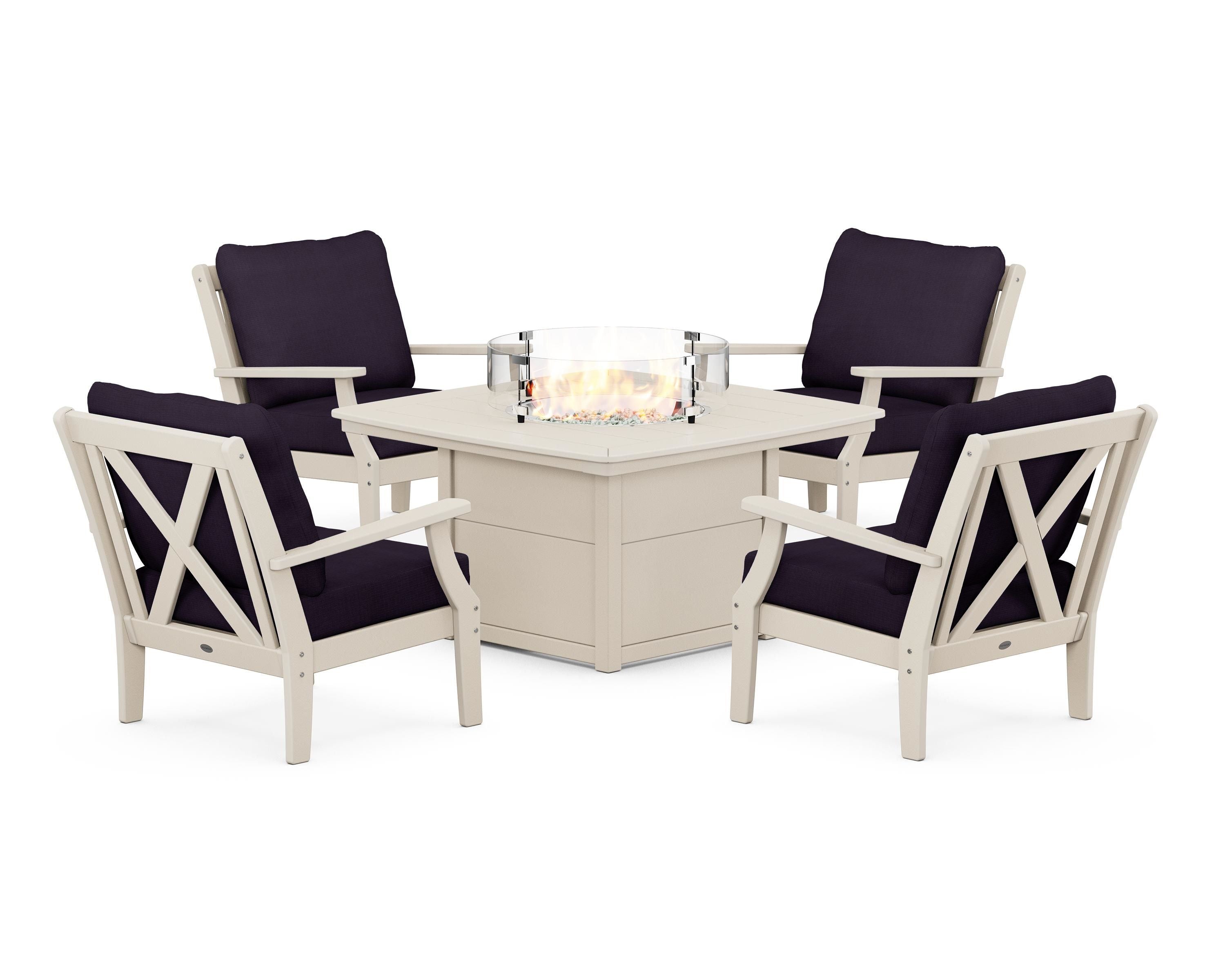 POLYWOOD® Braxton 5-Piece Deep Seating Conversation Set with Fire Pit Table in Sand / Navy Linen