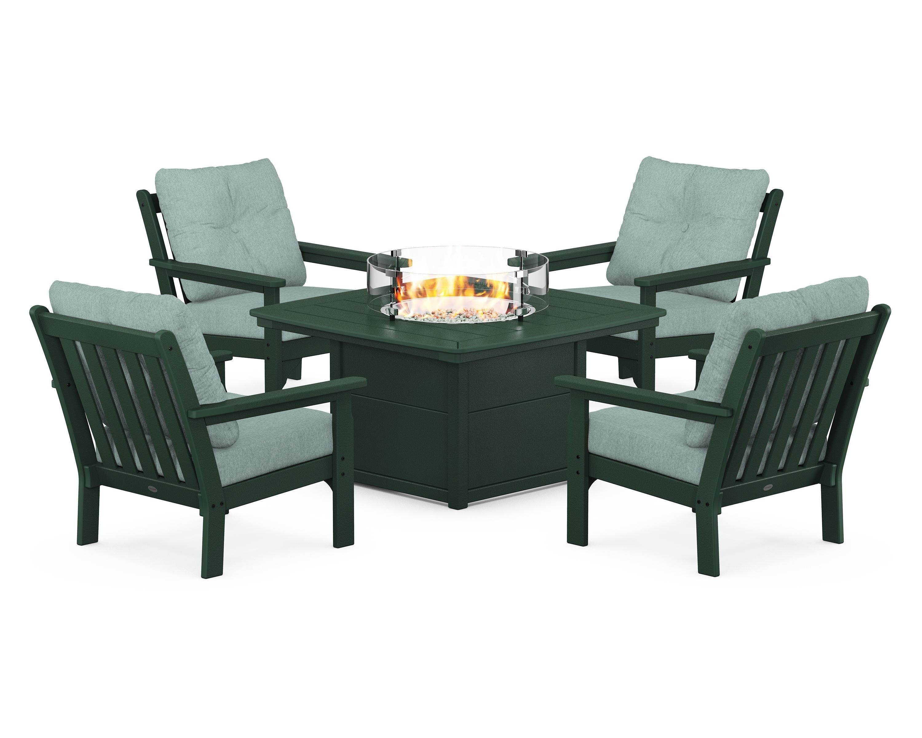 POLYWOOD® Vineyard 5-Piece Conversation Set with Fire Pit Table in Green / Glacier Spa