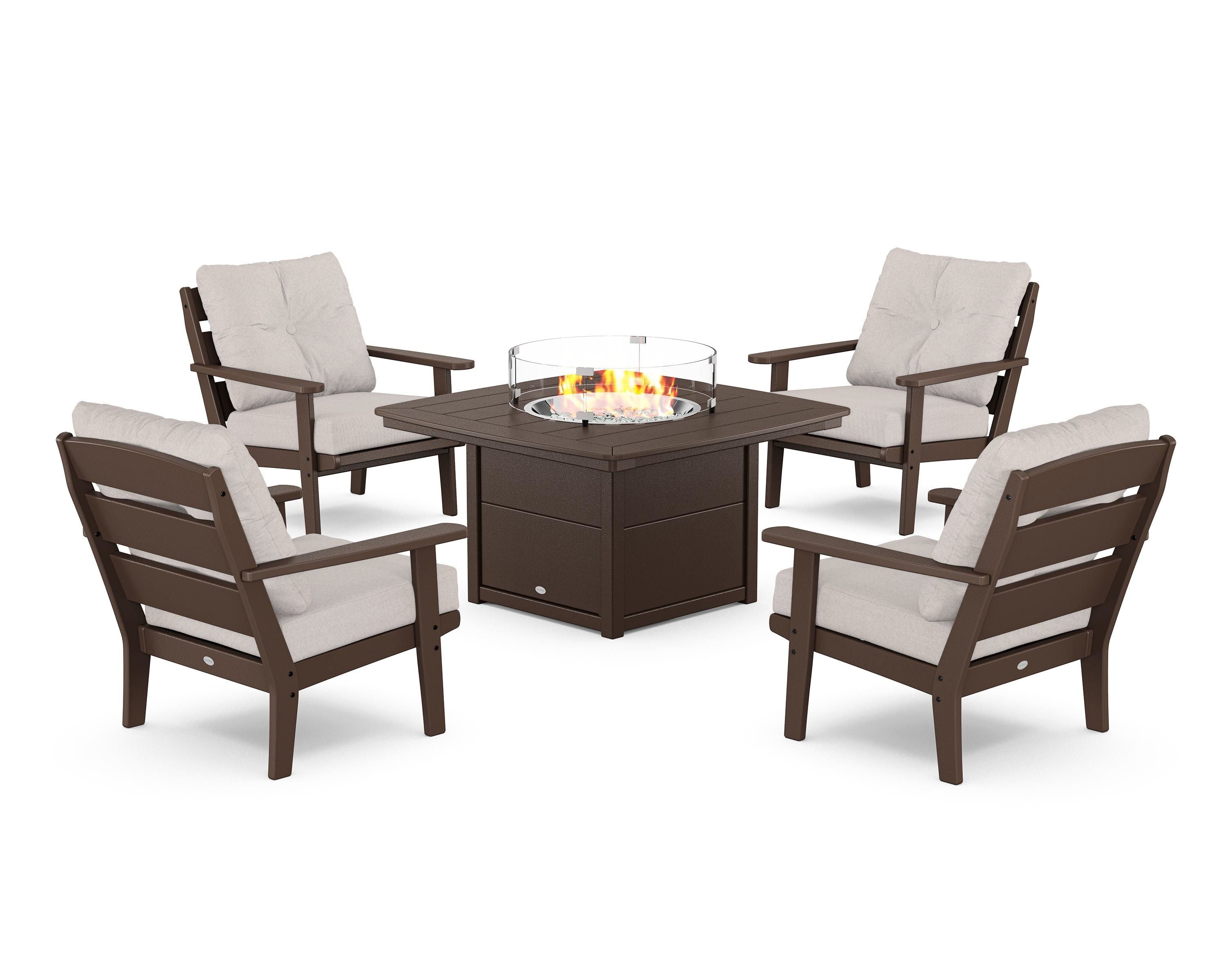 POLYWOOD® Lakeside 5-Piece Deep Seating Set with Nautical Fire Pit Table in Mahogany / Dune Burlap