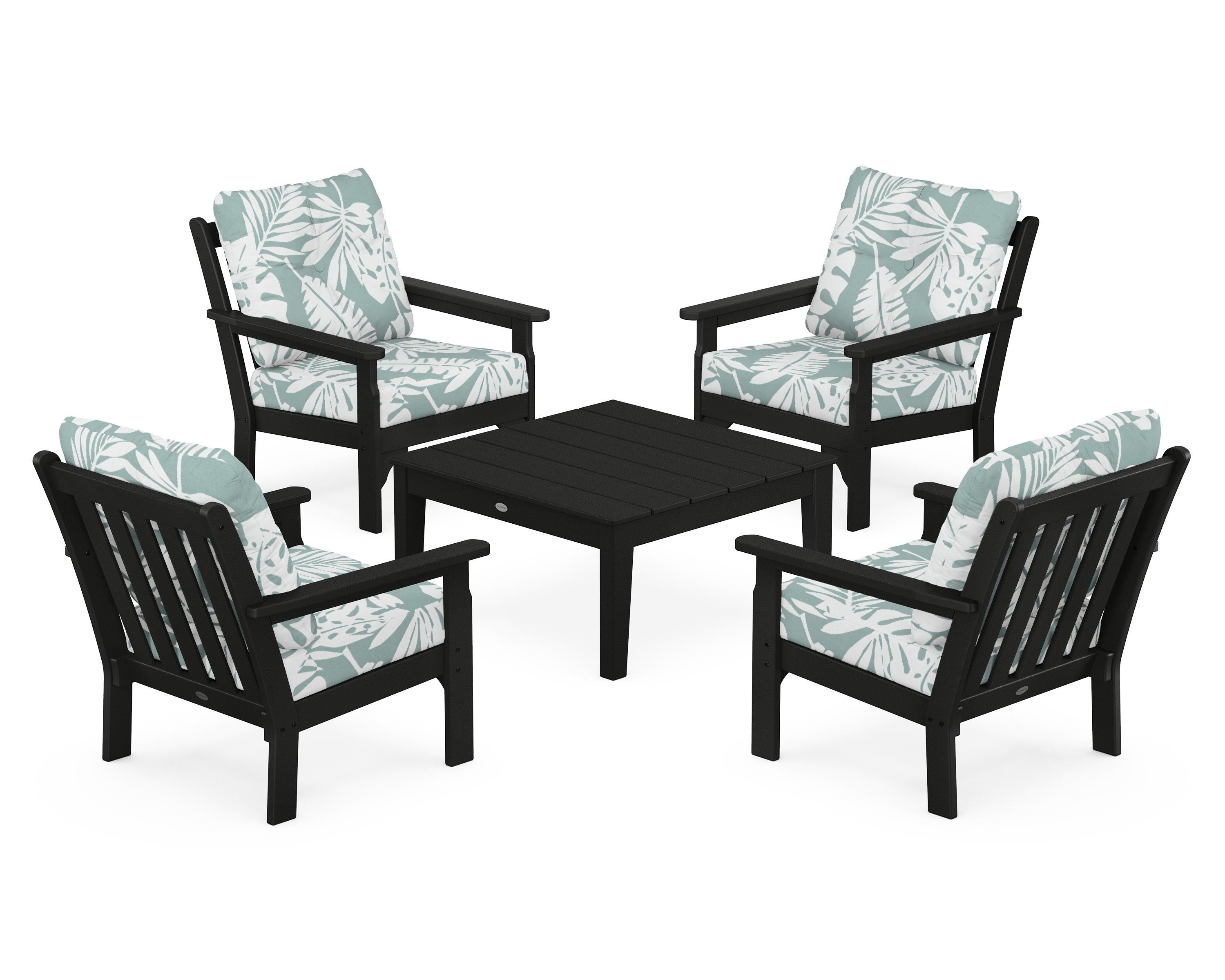 POLYWOOD® Vineyard 5-Piece Deep Seating Conversation Set in Black / Leaf Glacier Spa