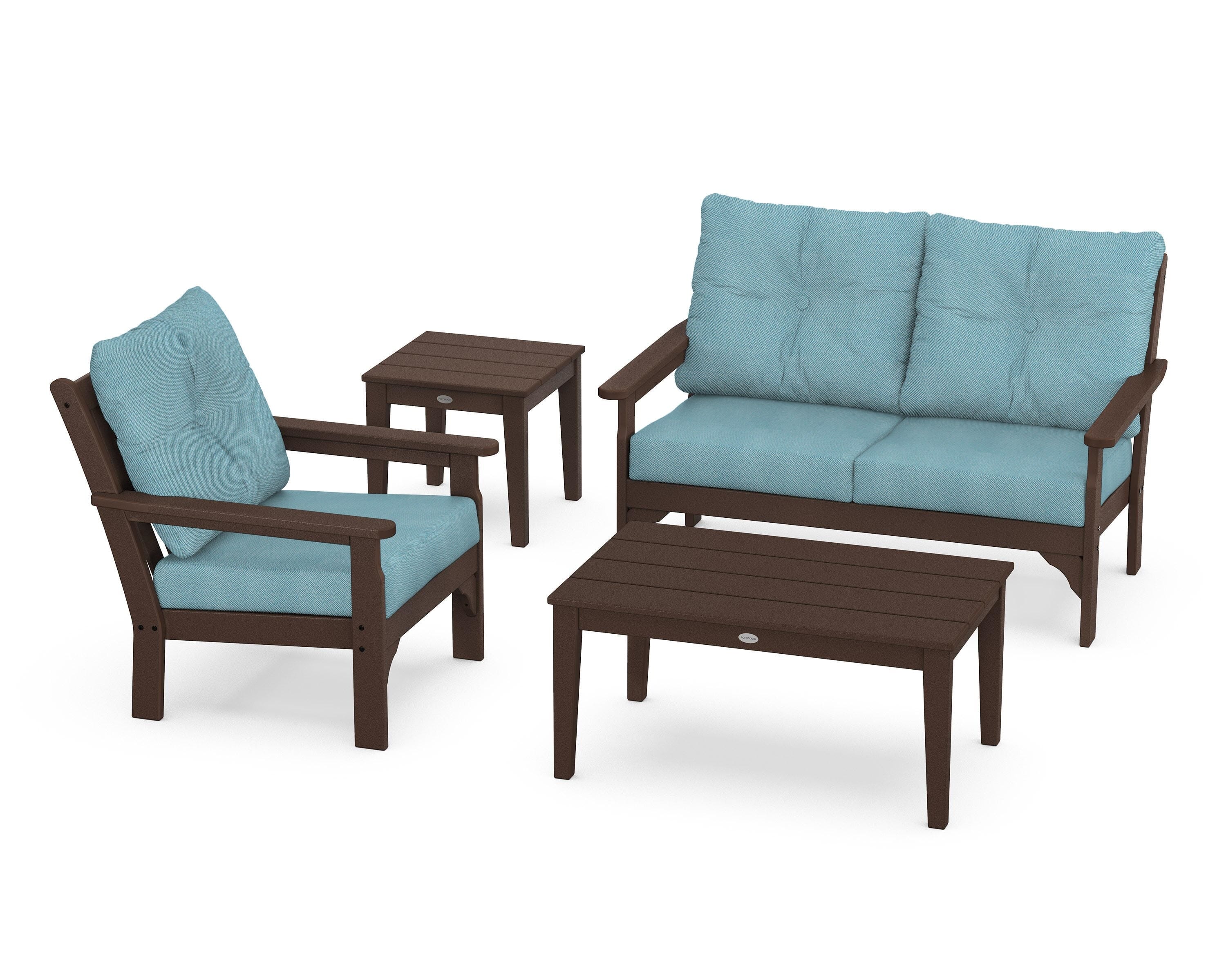 POLYWOOD® Vineyard 4-Piece Deep Seating Set in Mahogany / Lattice Sky Blue