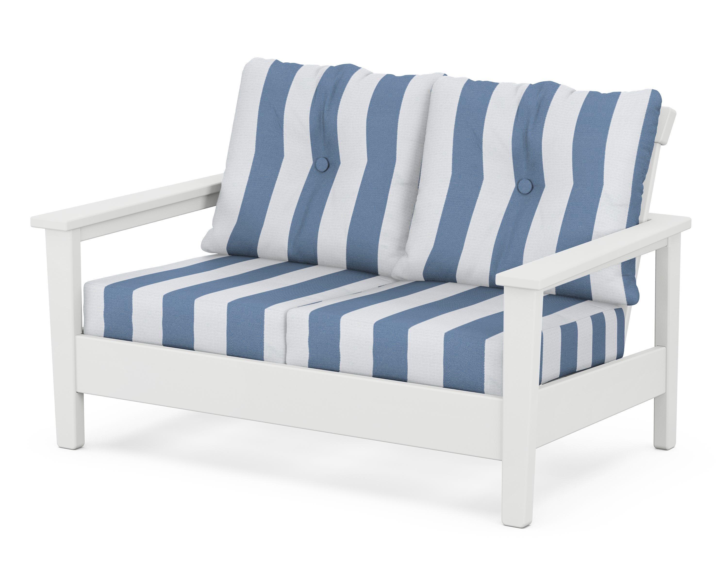 POLYWOOD® Prescott Deep Seating Loveseat in White / Cabana Stripe Sky Blue