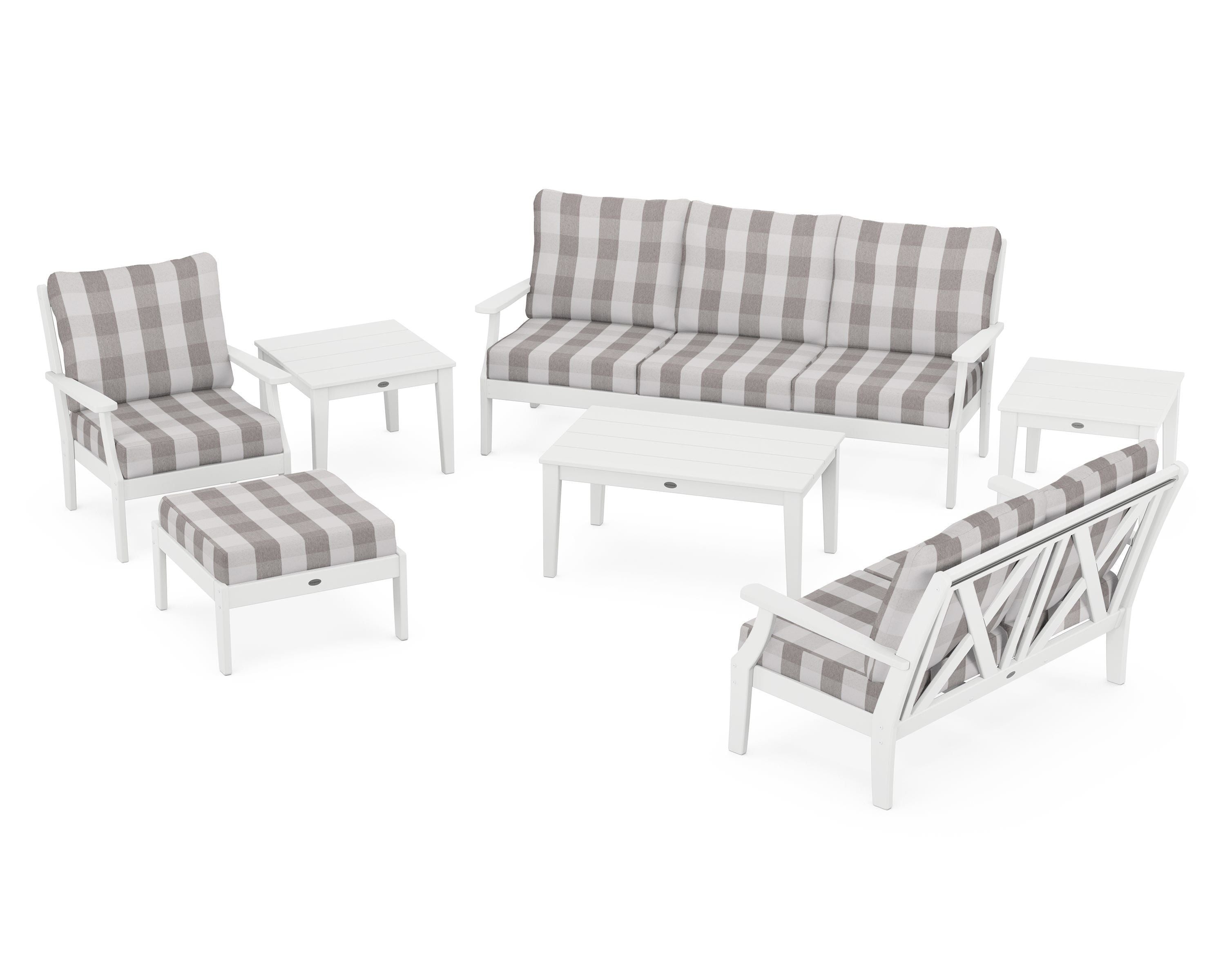 POLYWOOD® Braxton 7-Piece Deep Seating Set in White / Buffalo Plaid Grey Mist