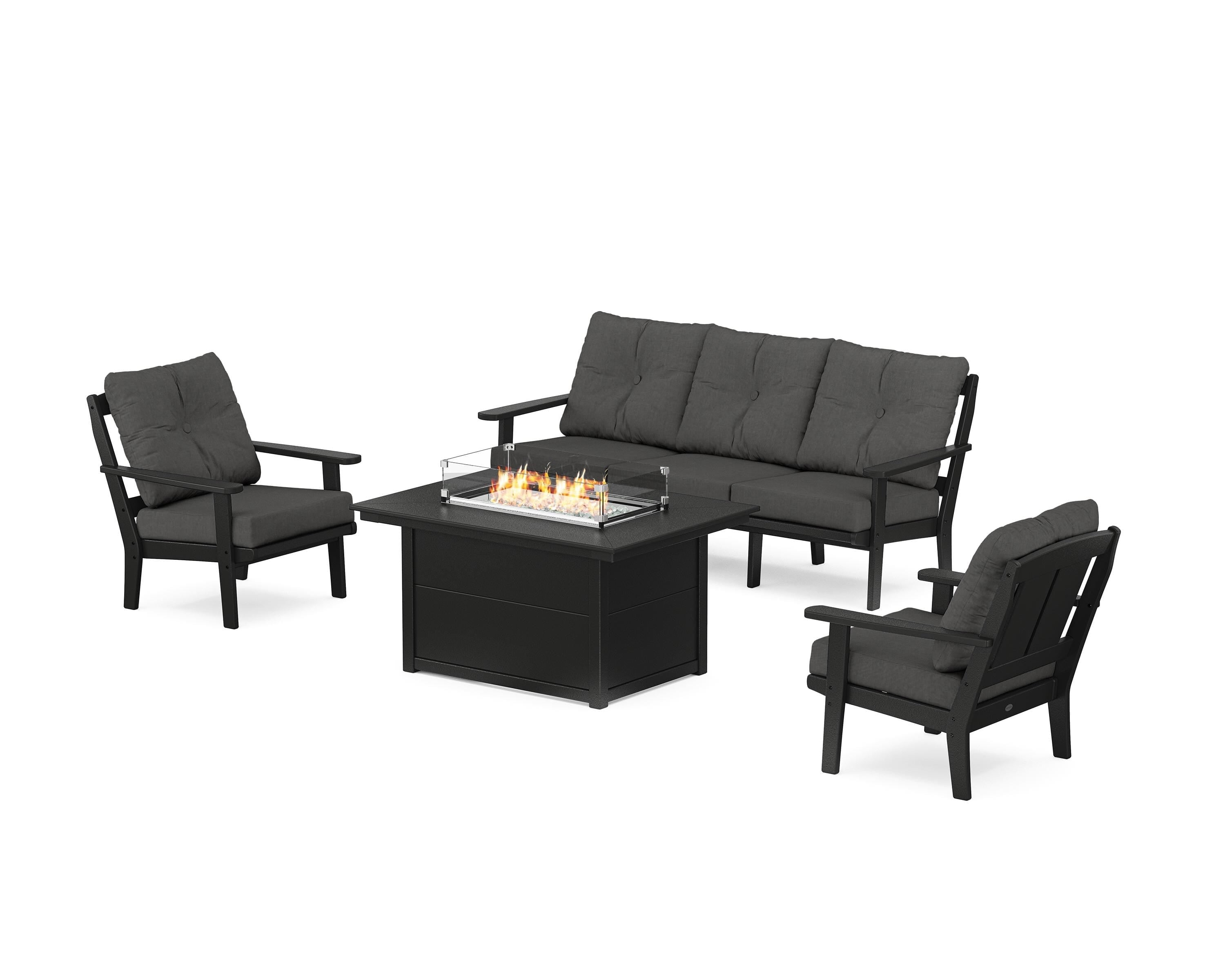 POLYWOOD® Mission Deep Seating Fire Pit Table Set in Black / Spectrum Carbon