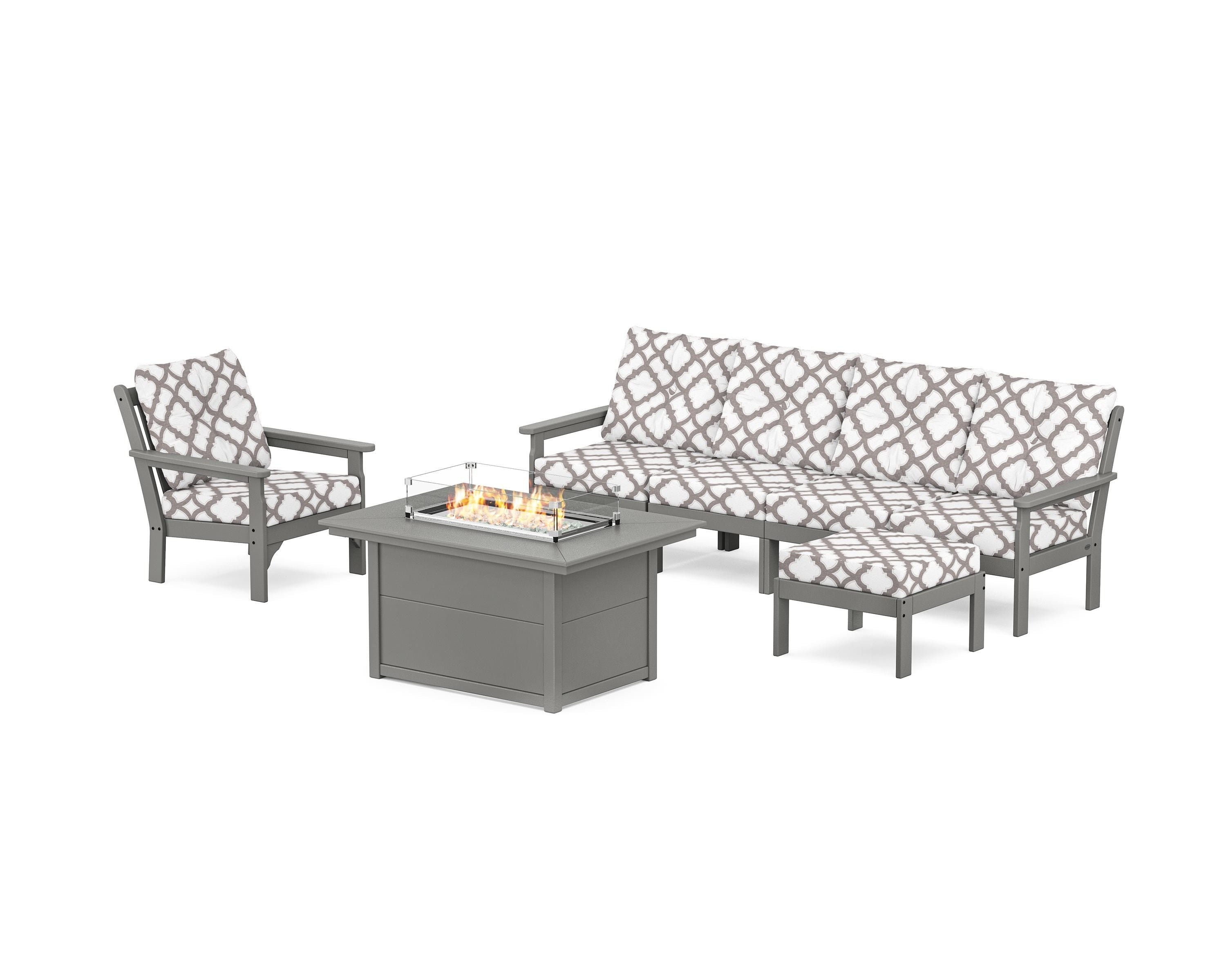 POLYWOOD® Vineyard Sectional Lounge and Fire Pit Set in Slate Grey / Trellis Grey Mist