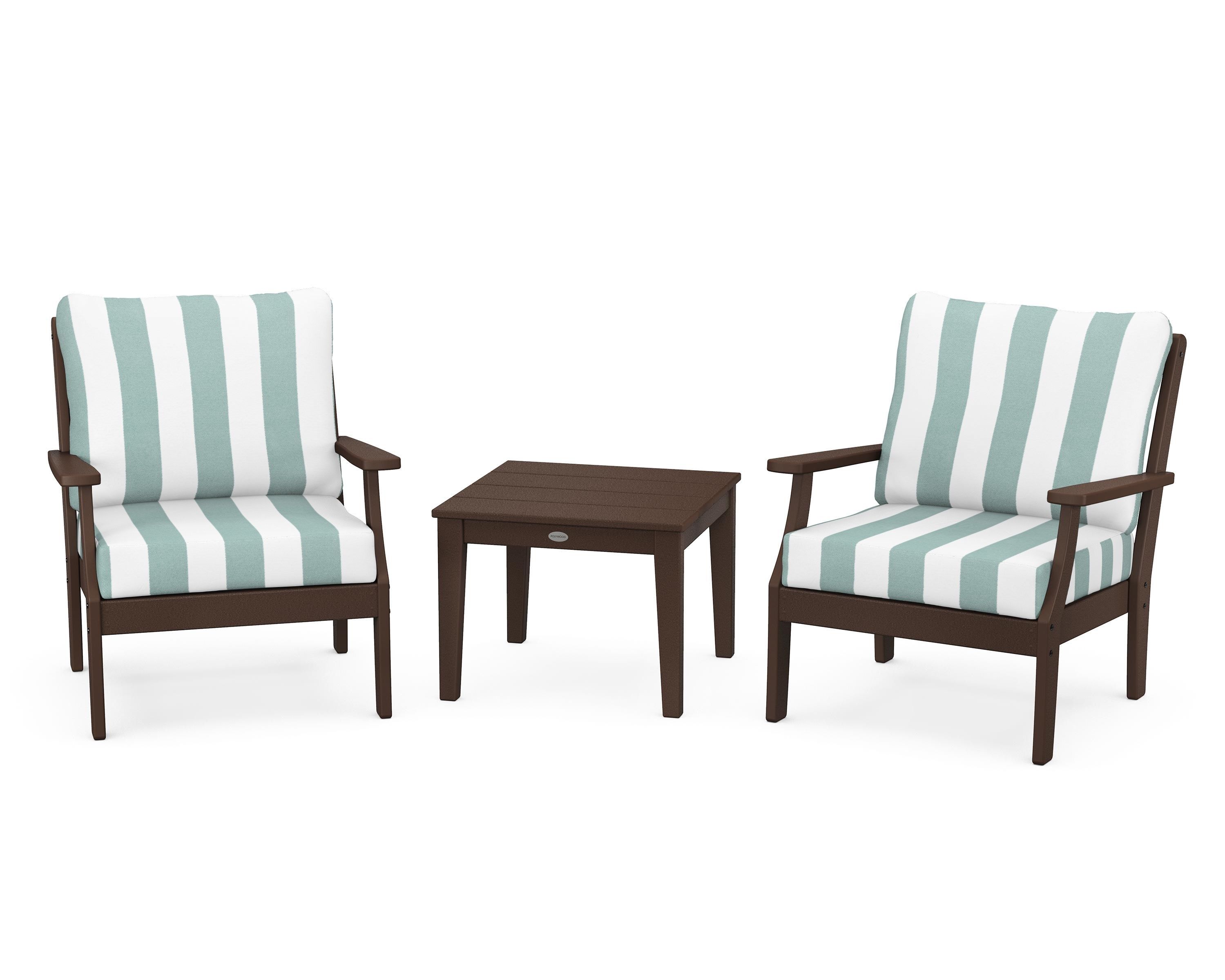 POLYWOOD® Braxton 3-Piece Deep Seating Set in Mahogany / Cabana Stripe Glacier Spa