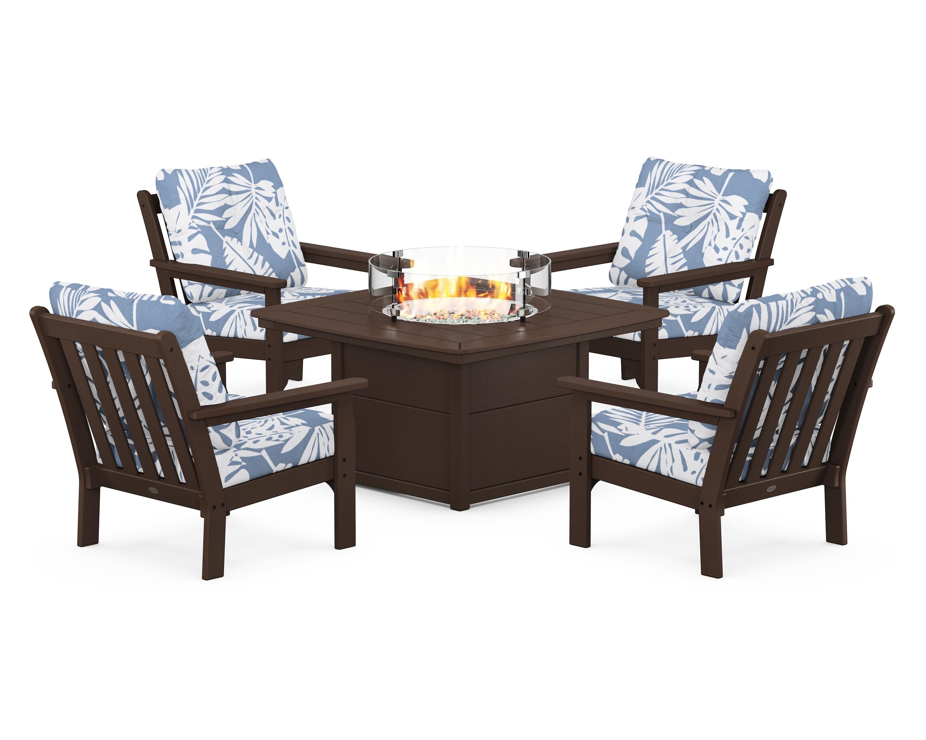 POLYWOOD® Vineyard 5-Piece Conversation Set with Fire Pit Table in Mahogany / Leaf Sky Blue