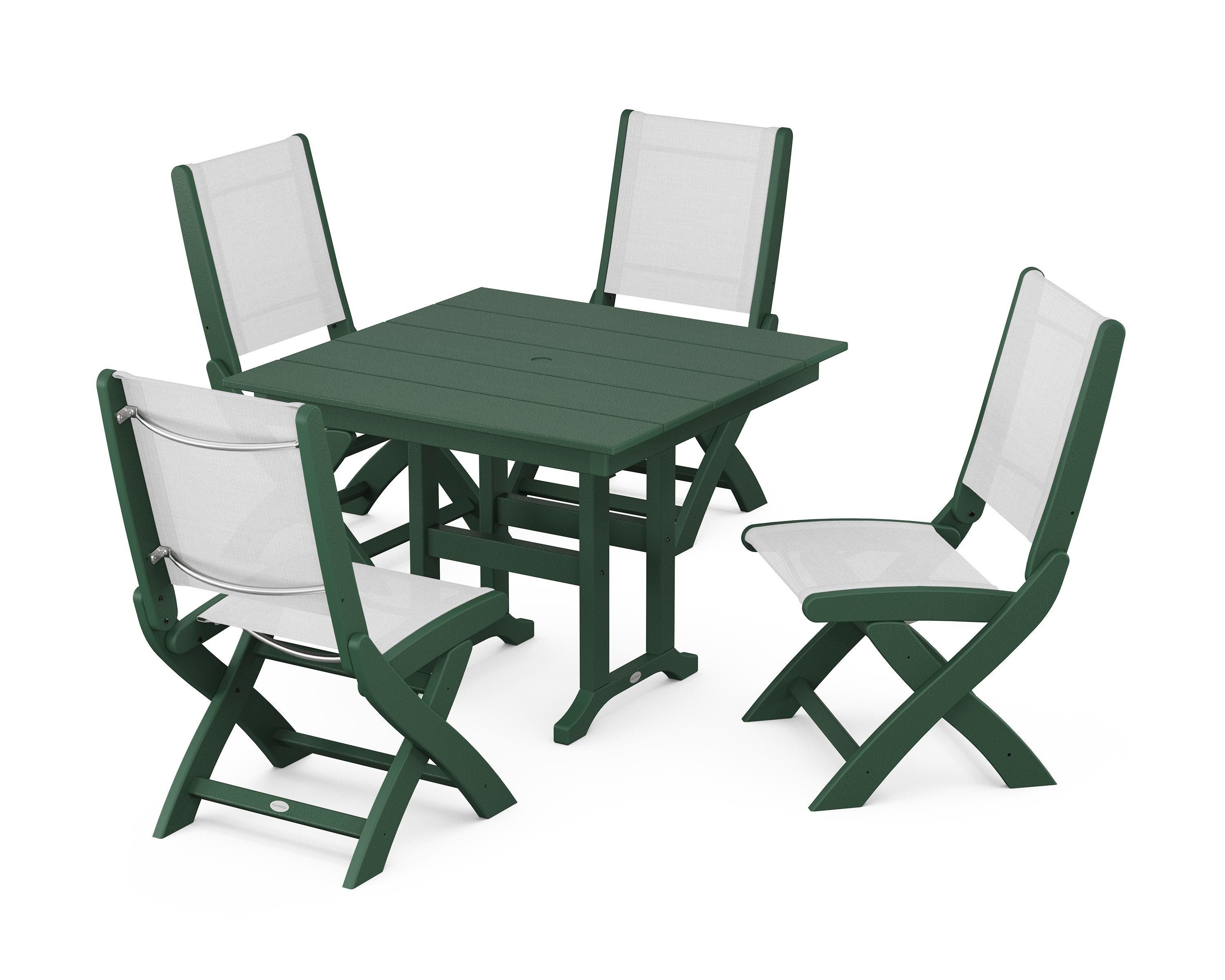 POLYWOOD® Coastal Folding Side Chair 5-Piece Farmhouse Dining Set in Green / White Sling