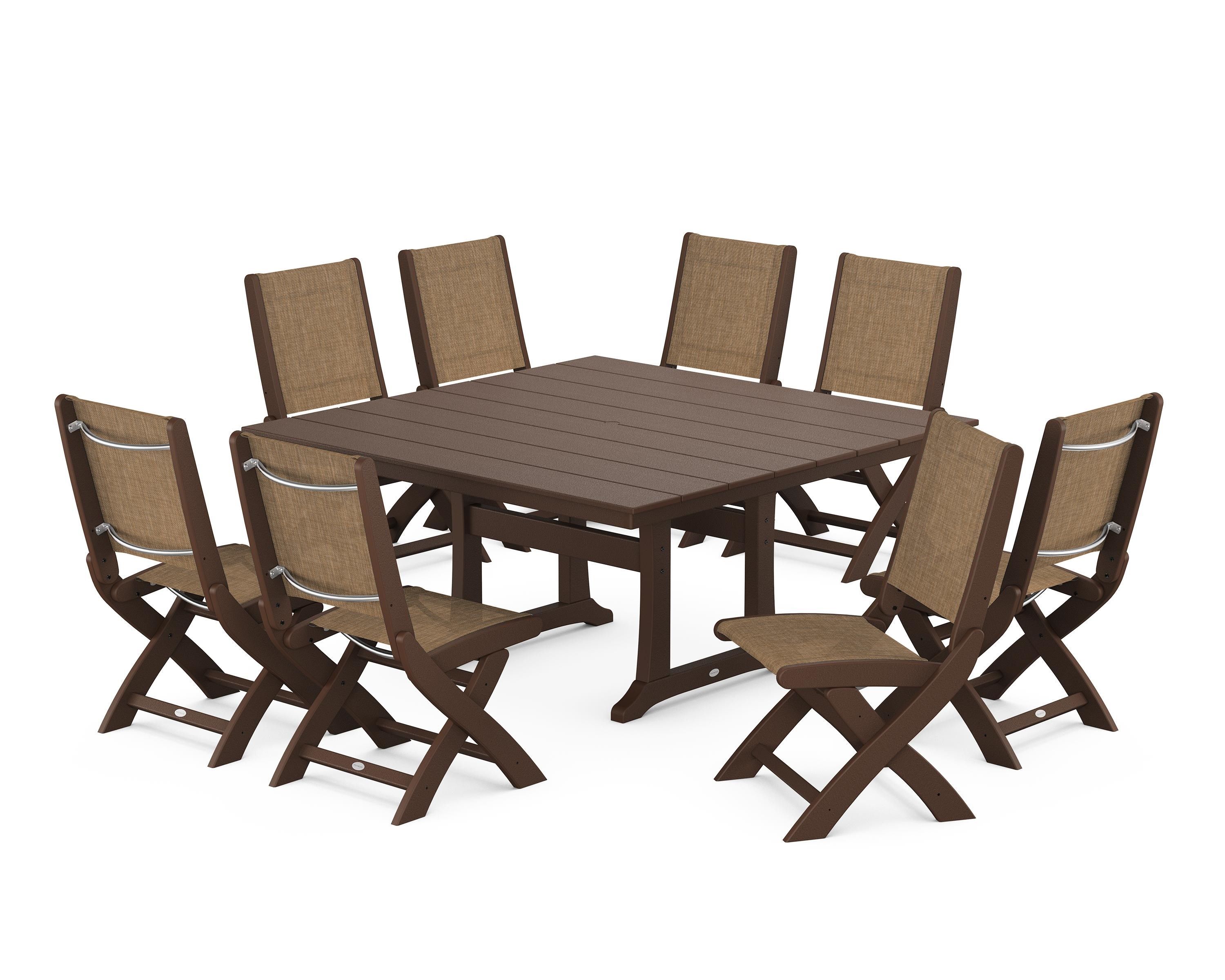 POLYWOOD® Coastal Folding Side Chair 9-Piece Farmhouse Dining Set in Mahogany / Burlap Sling
