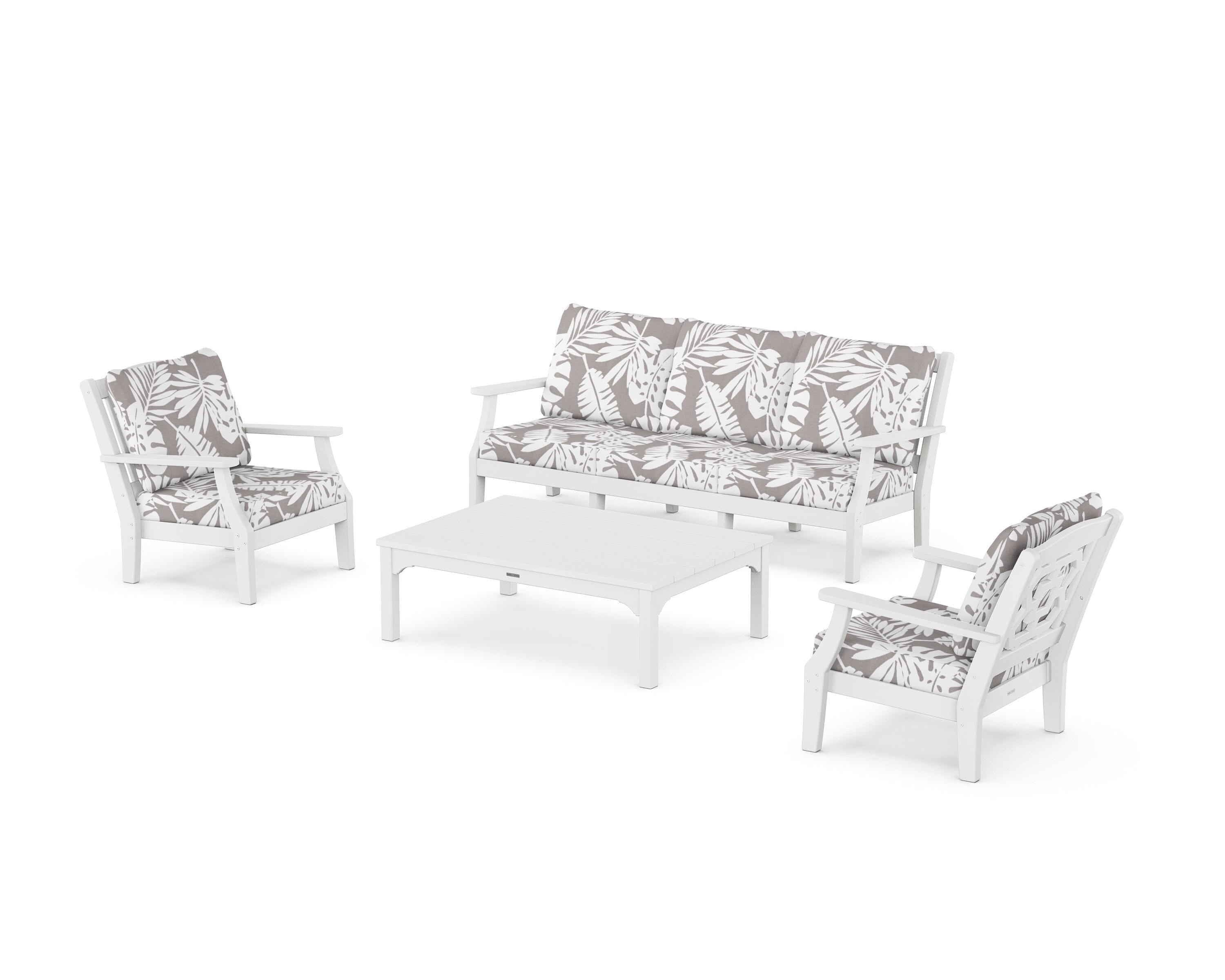 Martha Stewart by POLYWOOD® Chinoiserie 4-Piece Deep Seating Set with Sofa in White / Leaf Grey Mist