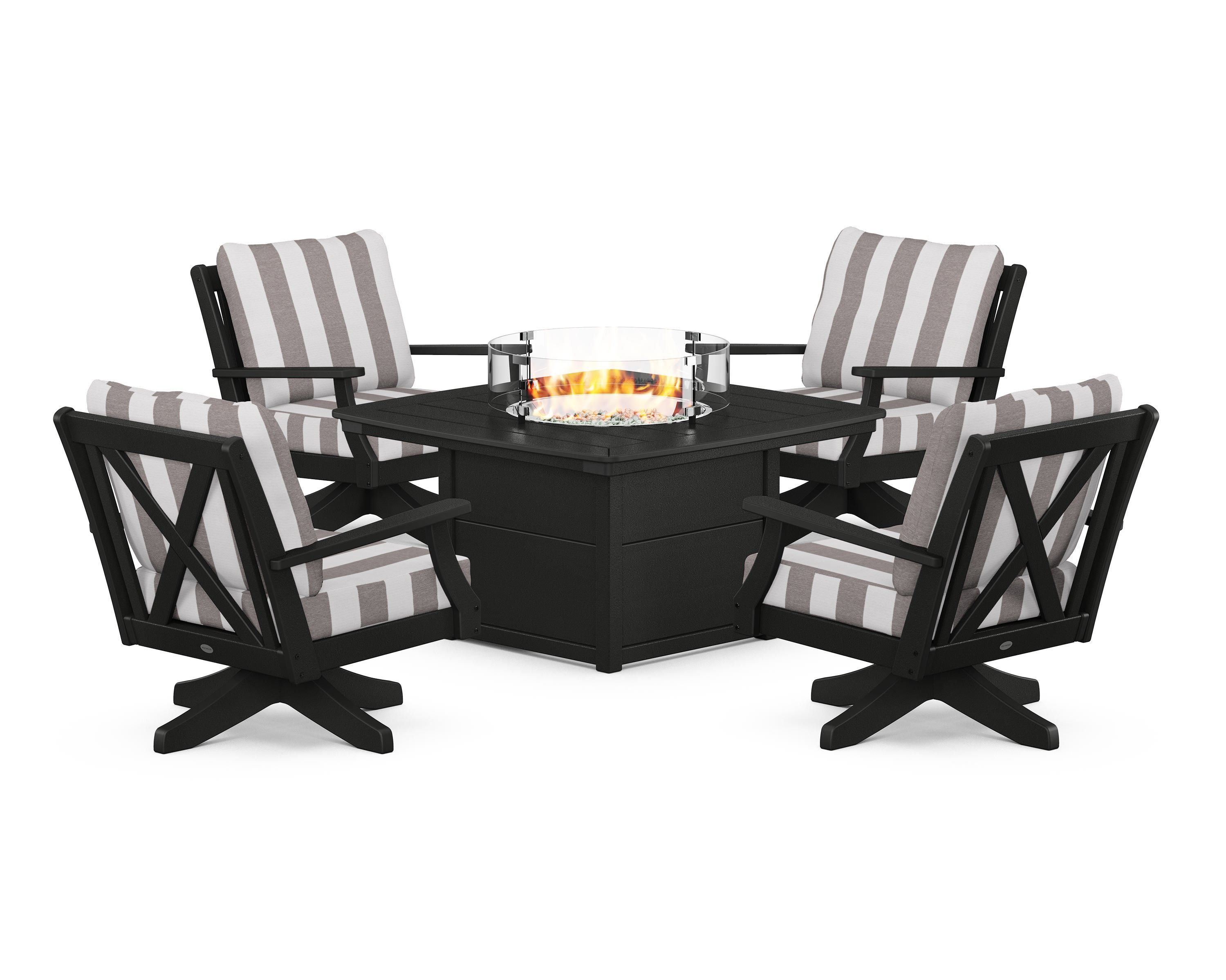 POLYWOOD® Braxton 5-Piece Deep Seating Swivel Conversation Set with Fire Pit Table in Black / Cabana Stripe Grey Mist