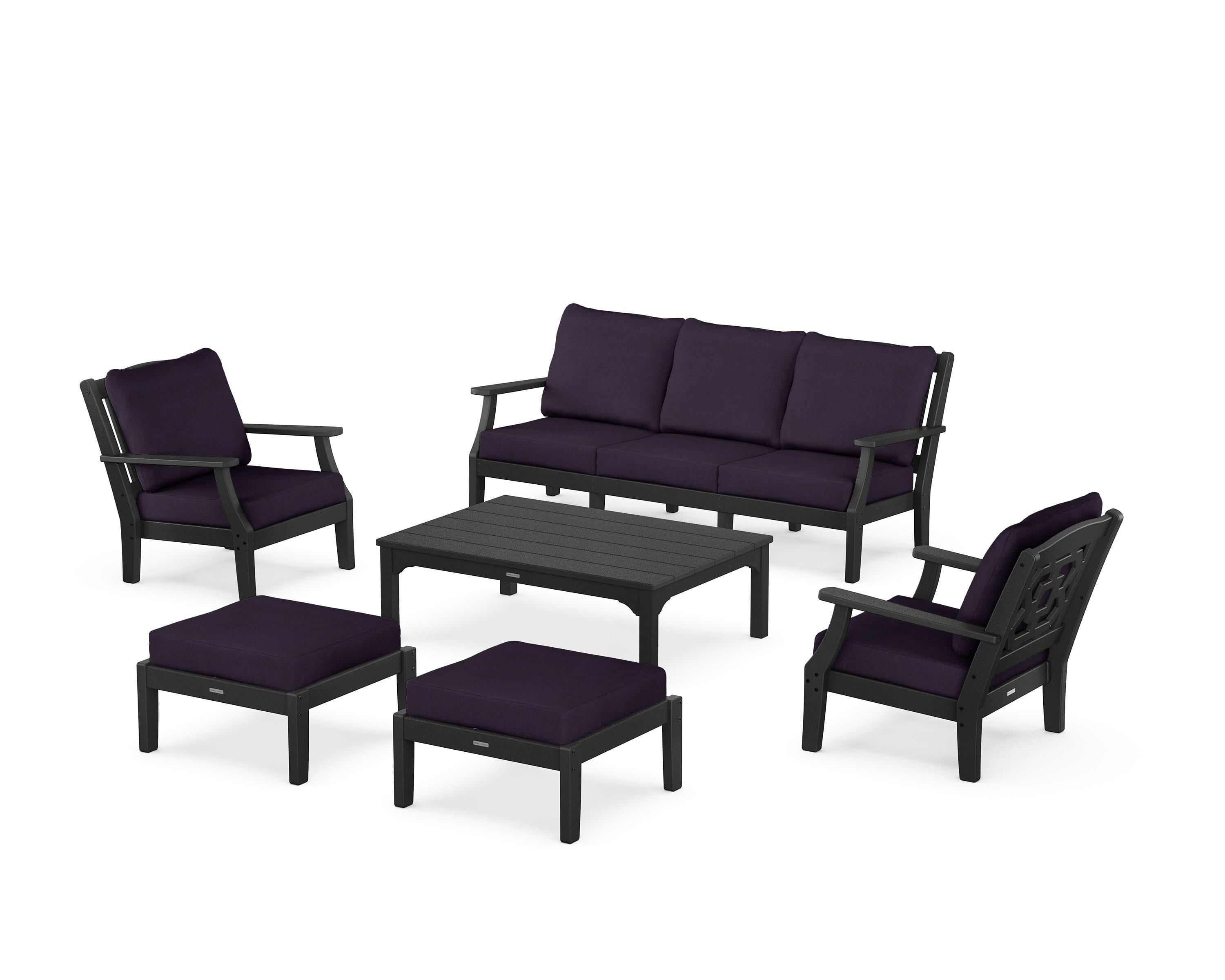 Martha Stewart by POLYWOOD® Chinoiserie 6-Piece Lounge Sofa Set in Black / Navy Linen