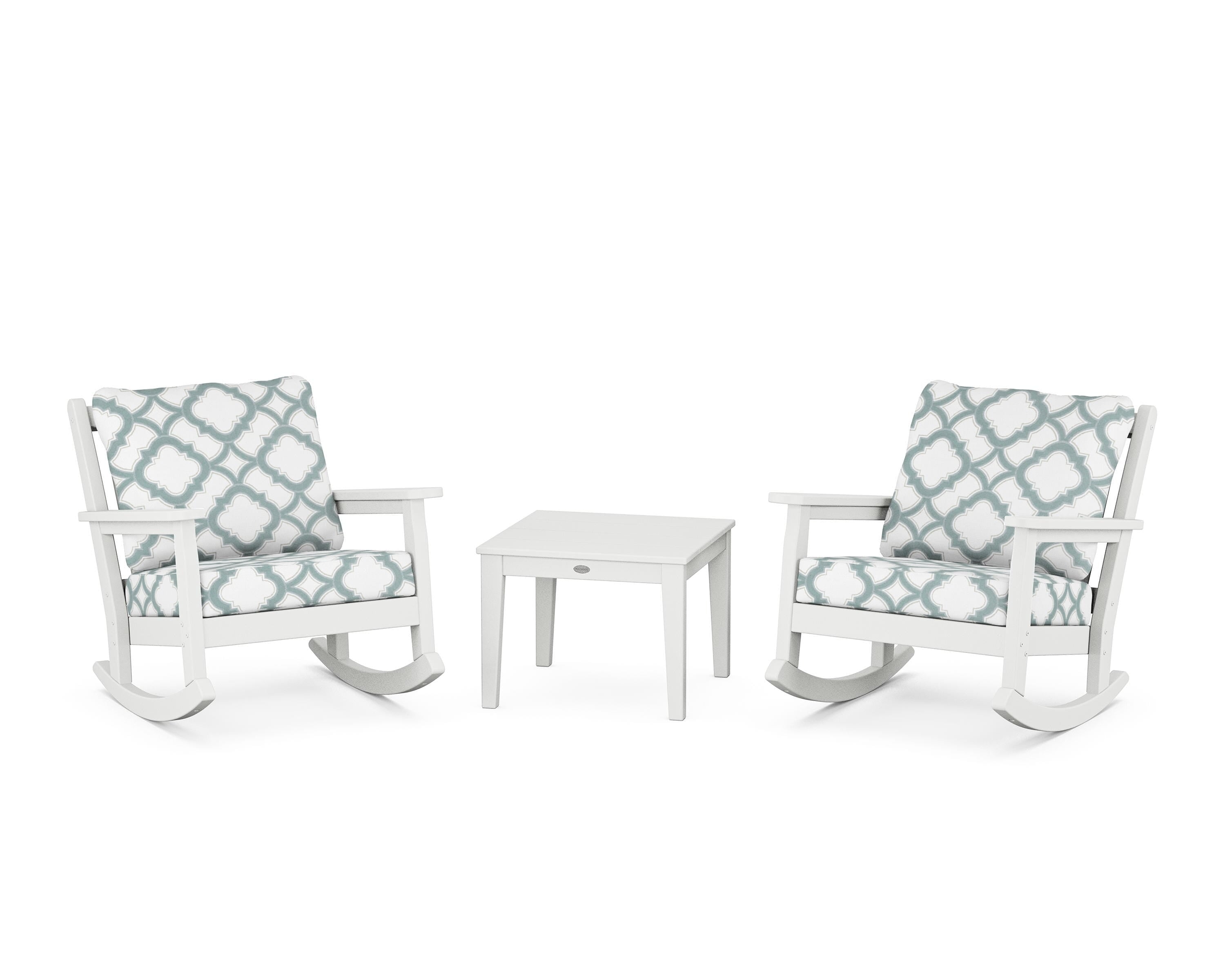 POLYWOOD® Chippendale 3-Piece Deep Seating Rocker Set in White / Trellis Glacier Spa